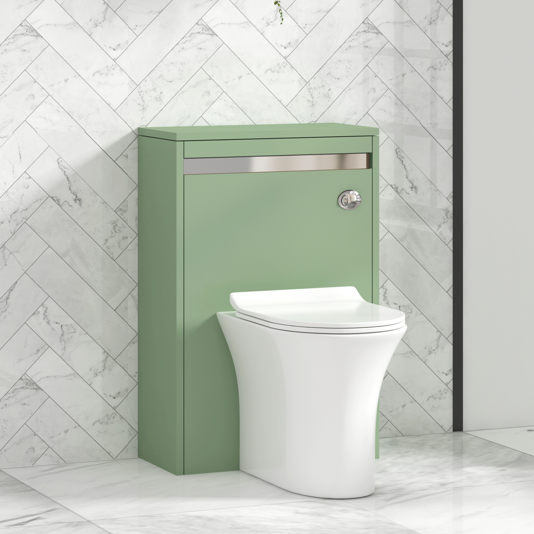 Orion 500mm Mint Green BTW WC Unit with Breeze Rimless Toilet Pan & Slim Seat, Cistern | Chrome Strip