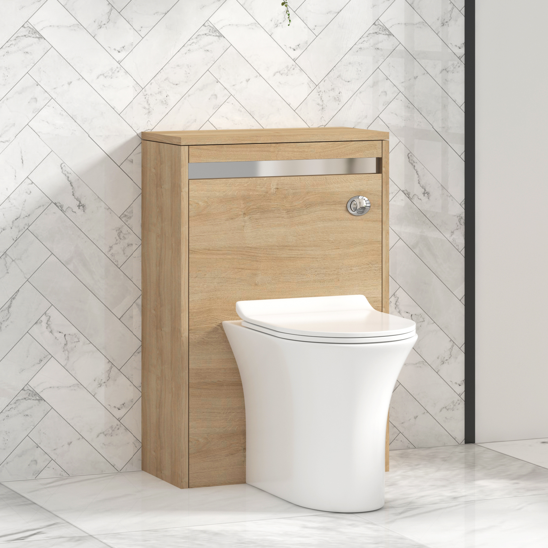 Orion 500mm Oak BTW WC Unit with Breeze Rimless Toilet Pan & Slim Seat, Cistern | Chrome Strip
