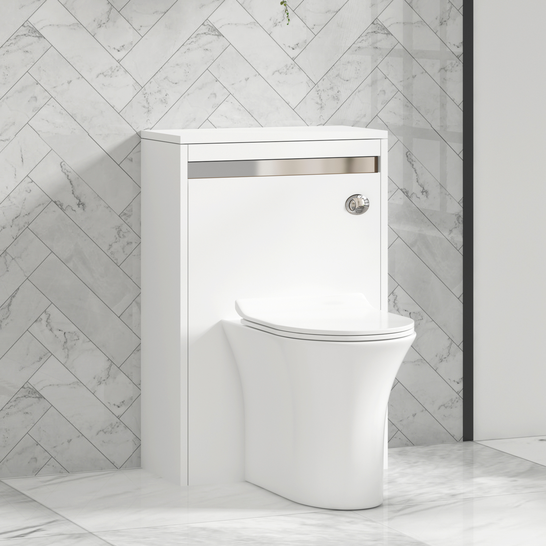 Orion 500mm Matte White BTW WC Unit with Breeze Rimless Toilet Pan & Slim Seat, Cistern | Chrome Strip