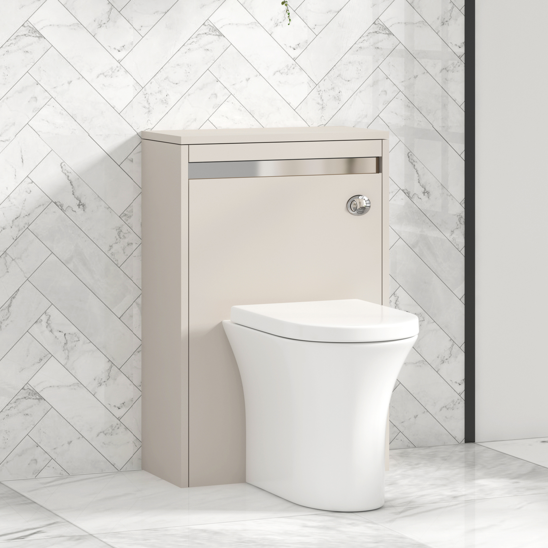 Orion 500mm Beige BTW WC Unit with Breeze Rimless Toilet Pan & Seat, Cistern | Chrome Strip