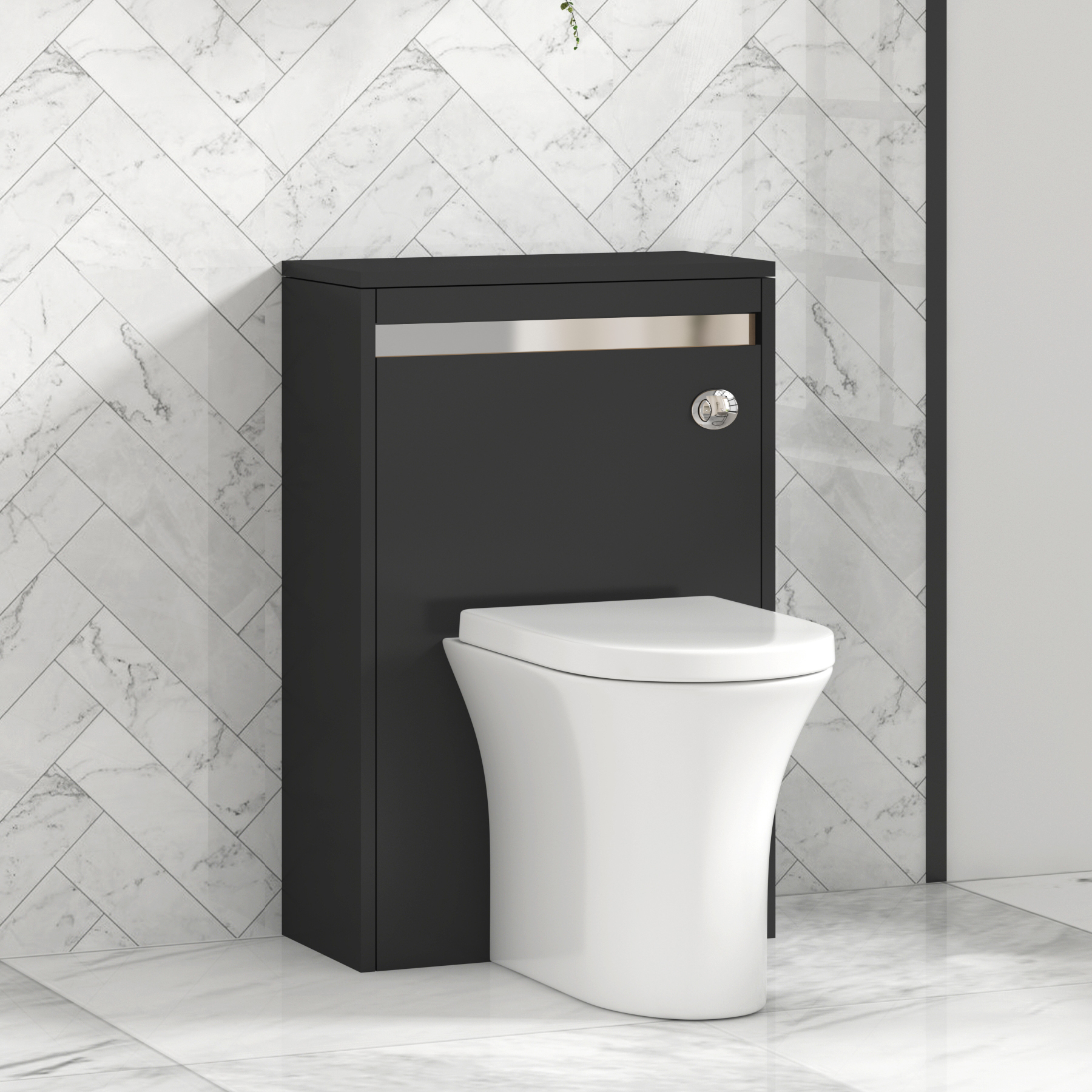 Orion 500mm Jet Black BTW WC Unit with Breeze Rimless Toilet Pan & Seat, Cistern | Chrome Strip