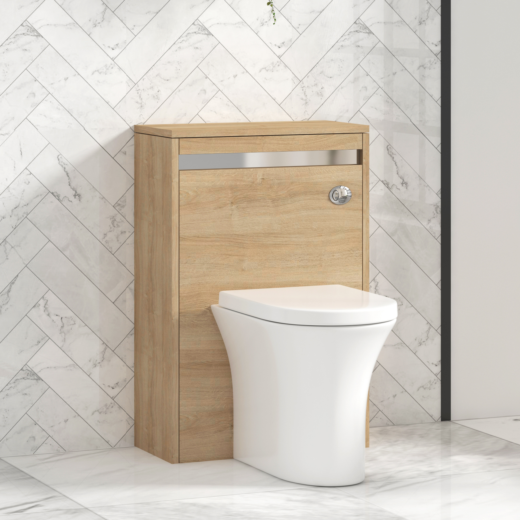 Orion 500mm Oak BTW WC Unit with Breeze Rimless Toilet Pan & Seat, Cistern | Chrome Strip