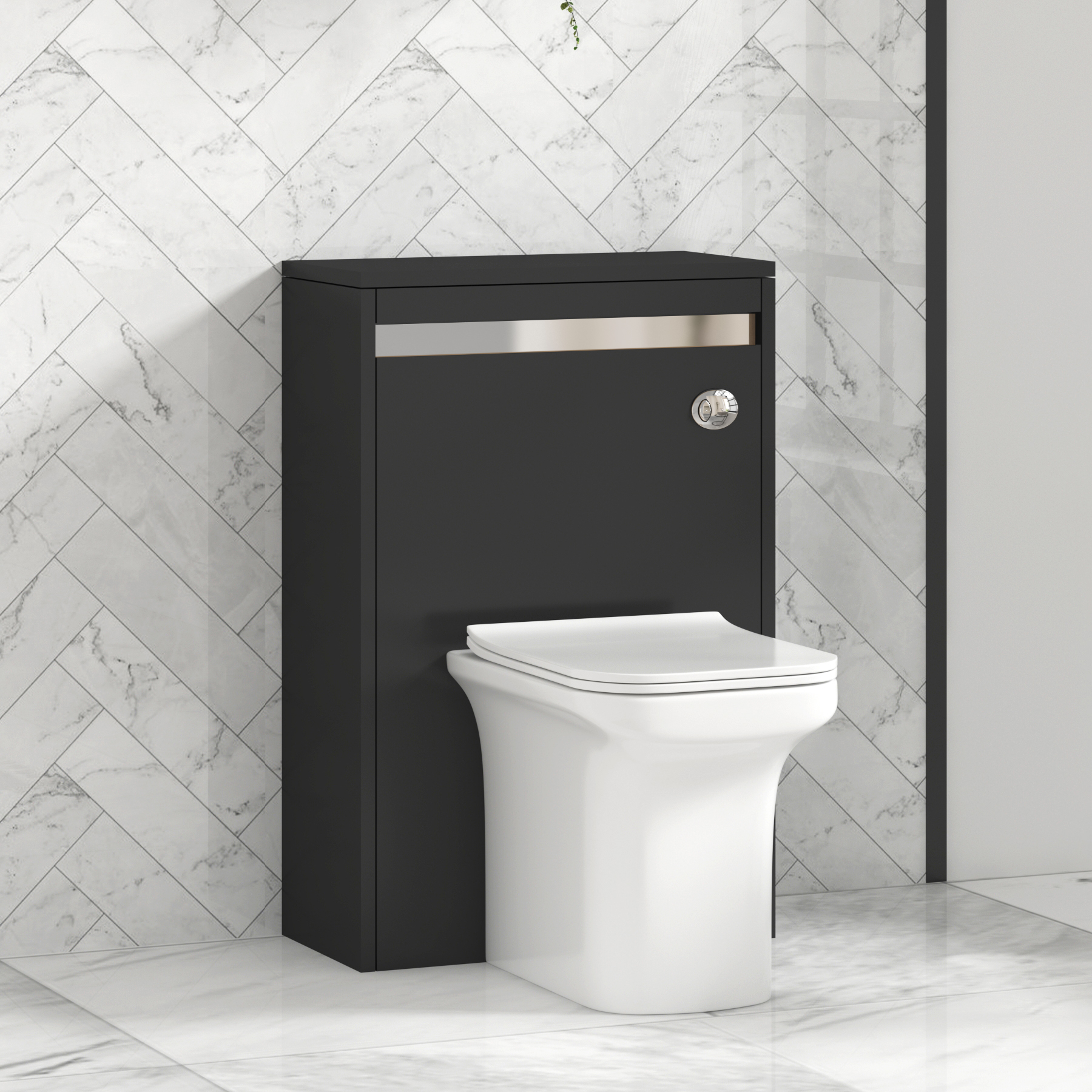 Orion 500mm Jet Black BTW WC Unit with Crosby Rimless Toilet Pan & Seat, Cistern | Chrome Strip