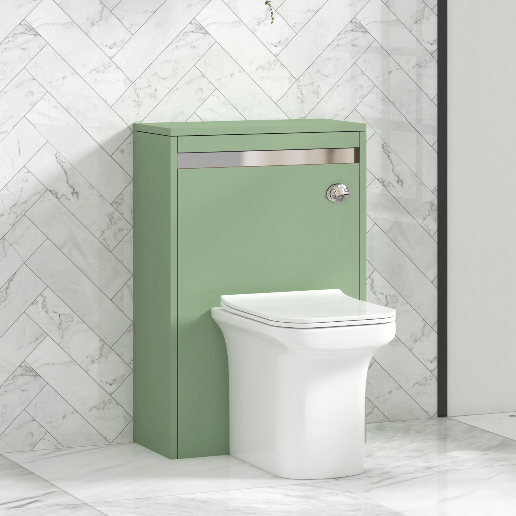 Orion 500mm Mint Green BTW WC Unit with Crosby Rimless Toilet Pan & Seat, Cistern | Chrome Strip