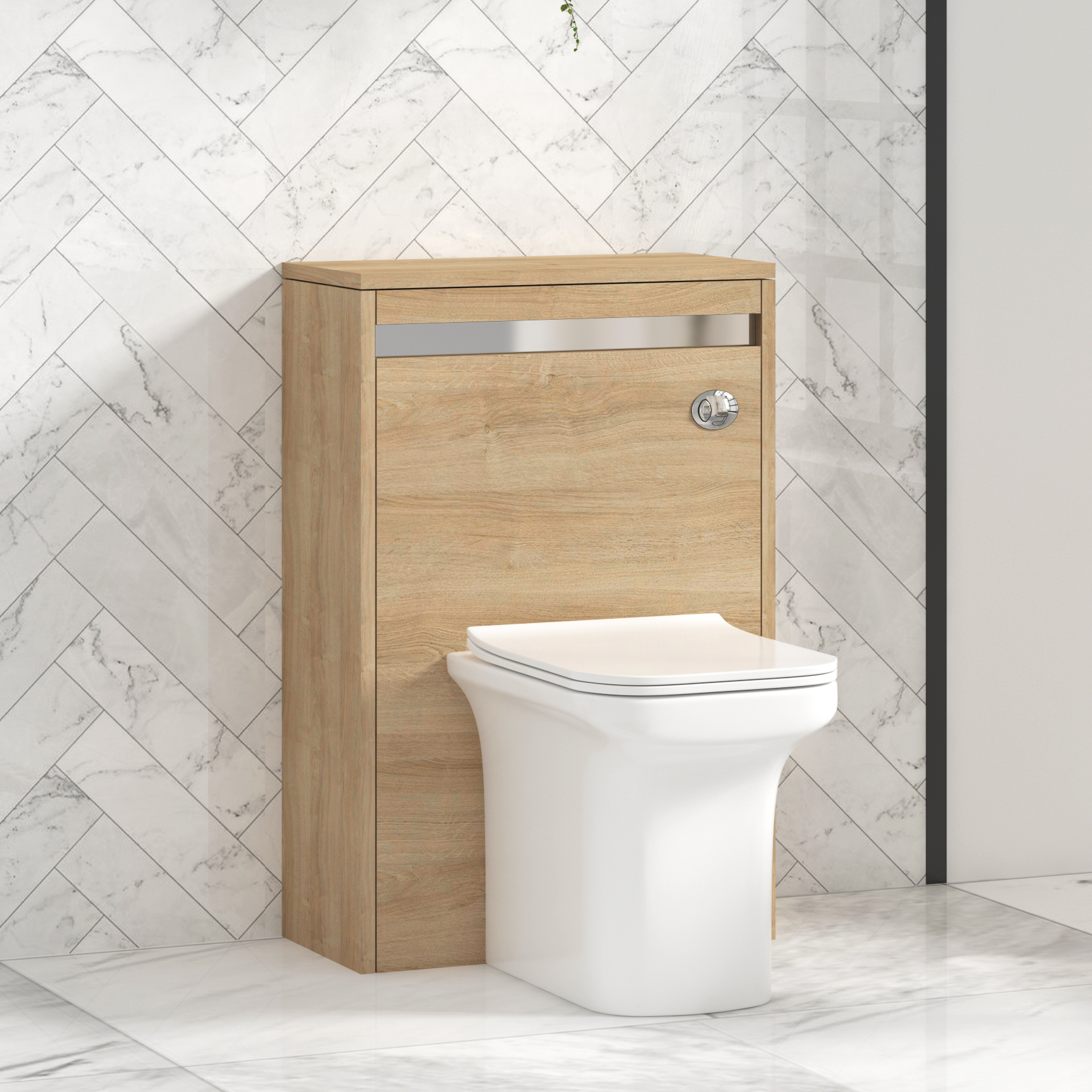Orion 500mm Oak BTW WC Unit with Crosby Rimless Toilet Pan & Seat, Cistern | Chrome Strip