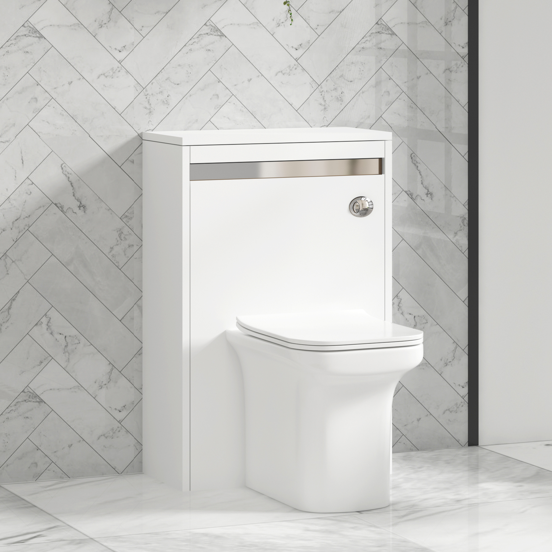 Orion 500mm Matte White BTW WC Unit with Crosby Rimless Toilet Pan & Seat, Cistern | Chrome Strip