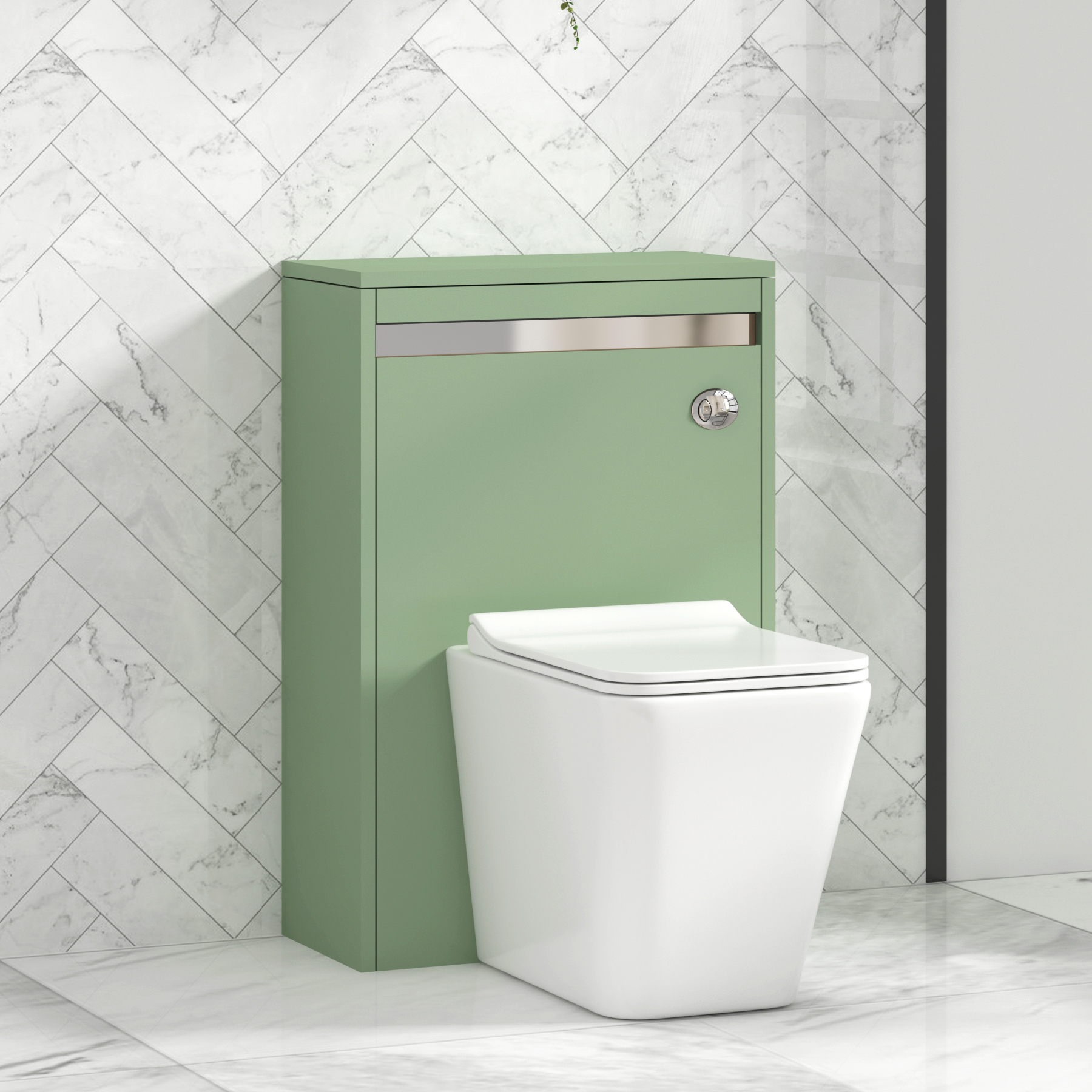 Orion 500mm Mint Green BTW WC Unit with Elena Rimless Toilet Pan & Slim Seat, Cistern | Chrome Strip