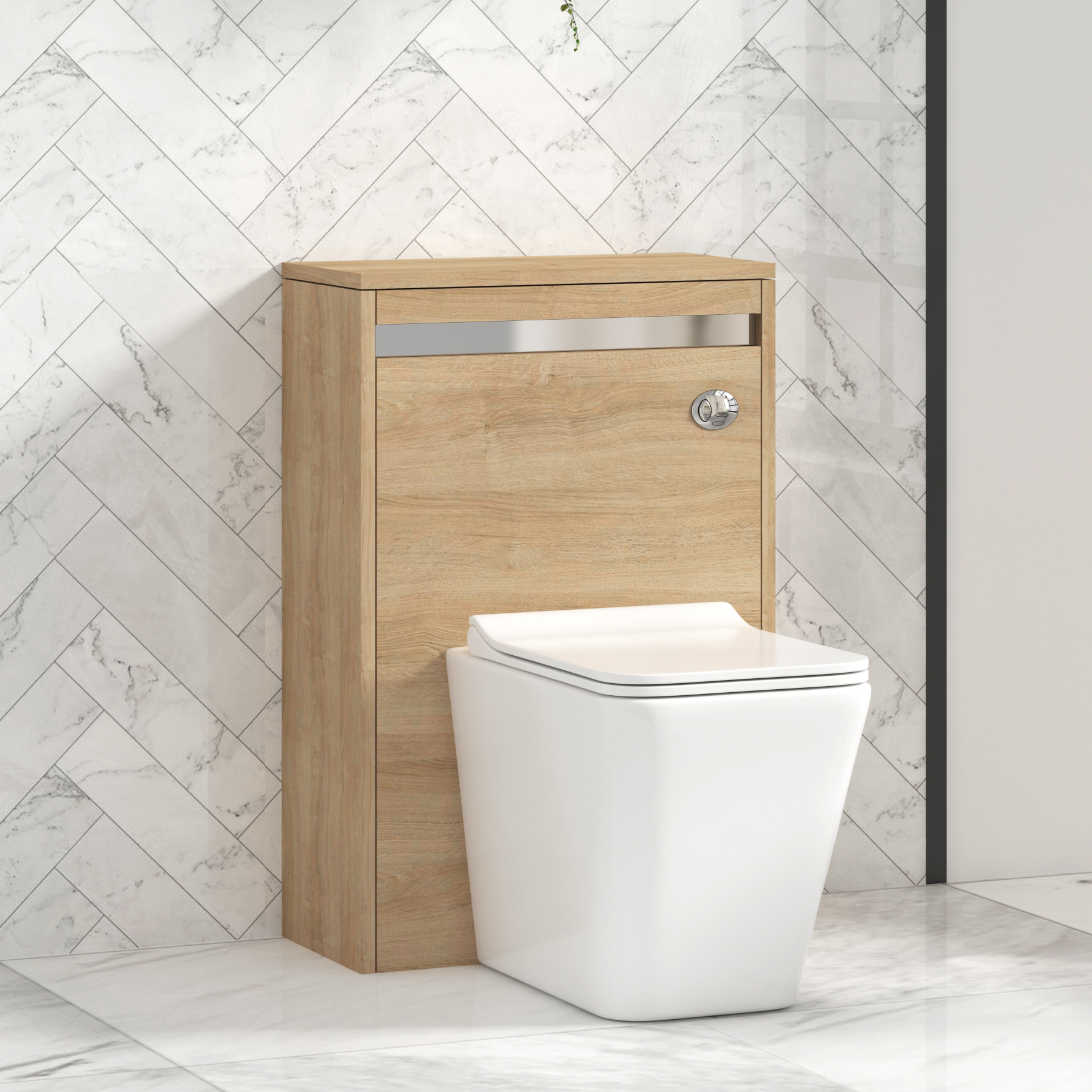 Orion 500mm Oak BTW WC Unit with Elena Rimless Toilet Pan & Slim Seat, Cistern | Chrome Strip