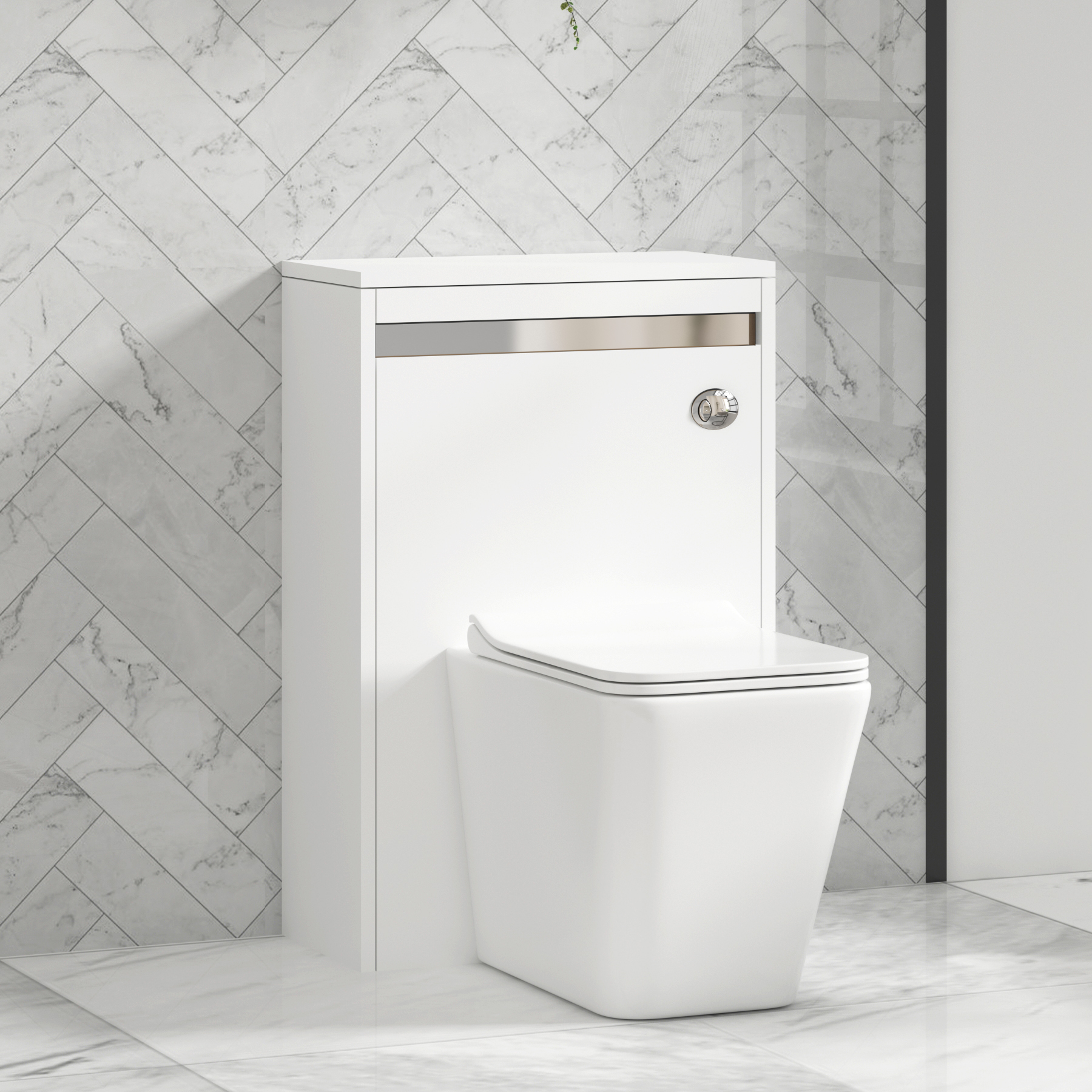 Orion 500mm Matte White BTW WC Unit with Elena Rimless Toilet Pan & Slim Seat, Cistern | Chrome Strip