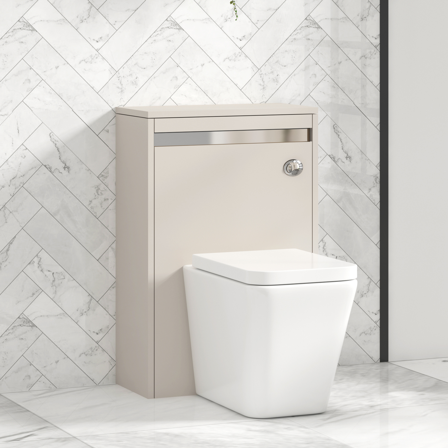 Orion 500mm Beige BTW WC Unit with Elena Rimless Toilet Pan & Seat, Cistern | Chrome Strip