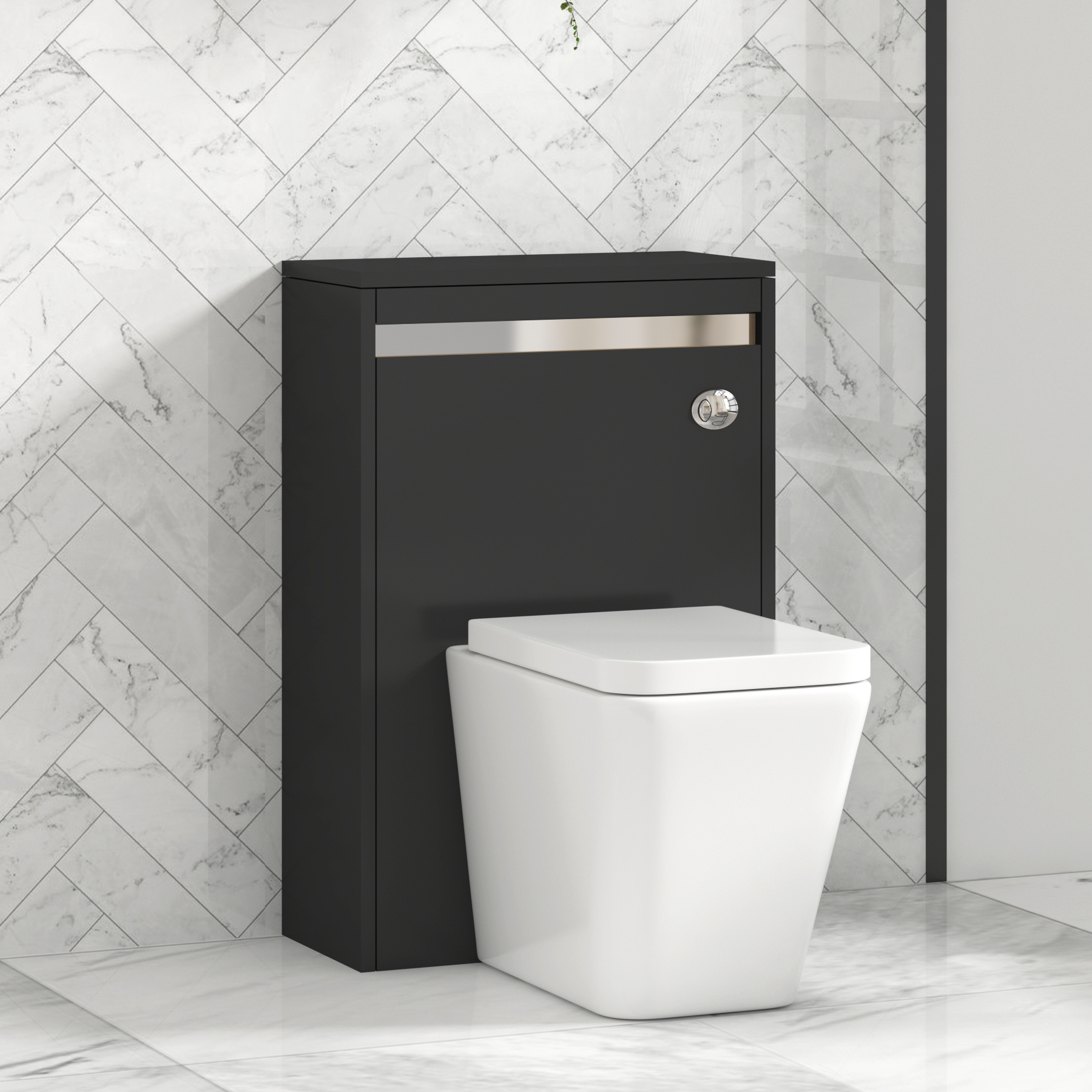 Orion 500mm Jet Black BTW WC Unit with Elena Rimless Toilet Pan & Seat, Cistern | Chrome Strip