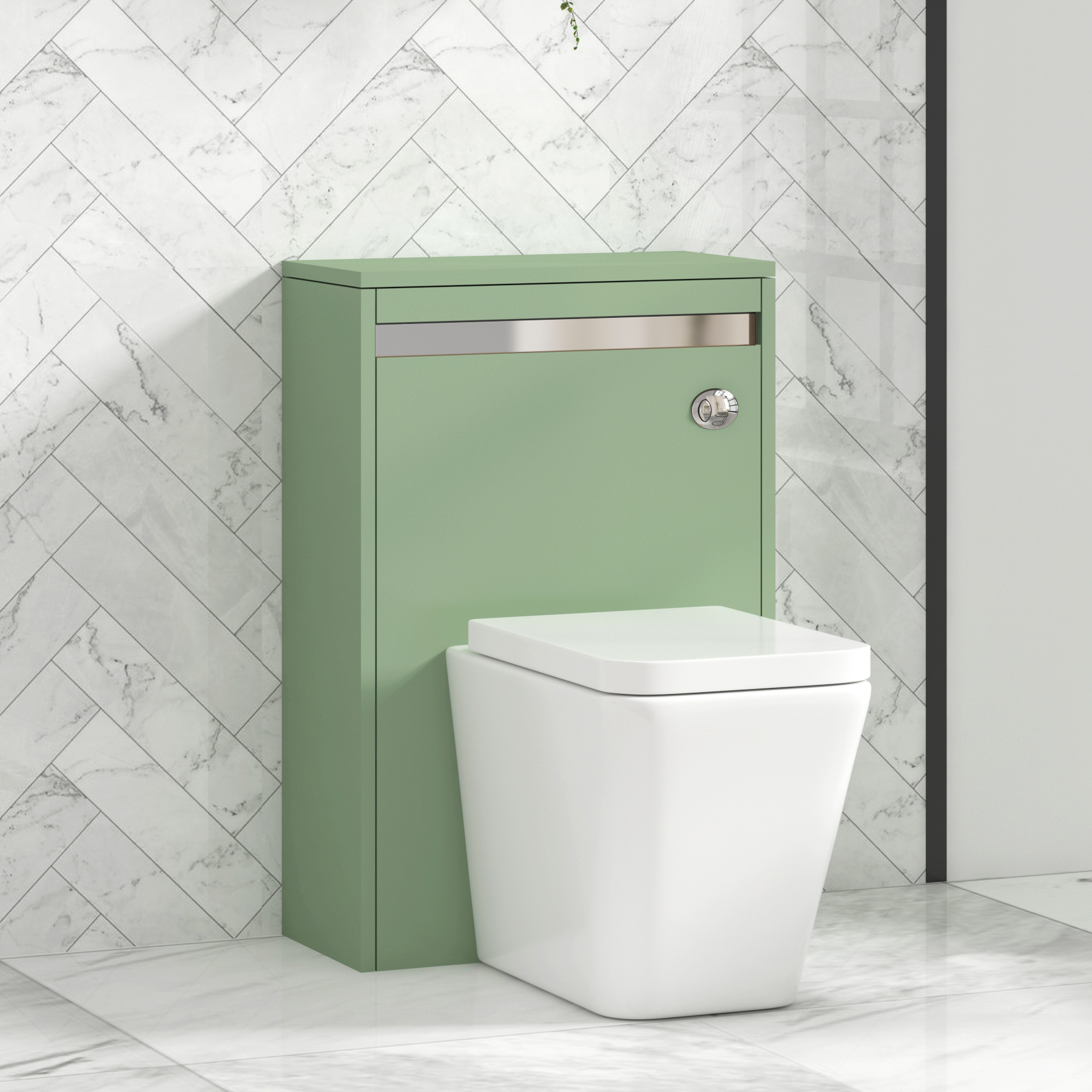 Orion 500mm Mint Green BTW WC Unit with Elena Rimless Toilet Pan & Seat, Cistern | Chrome Strip