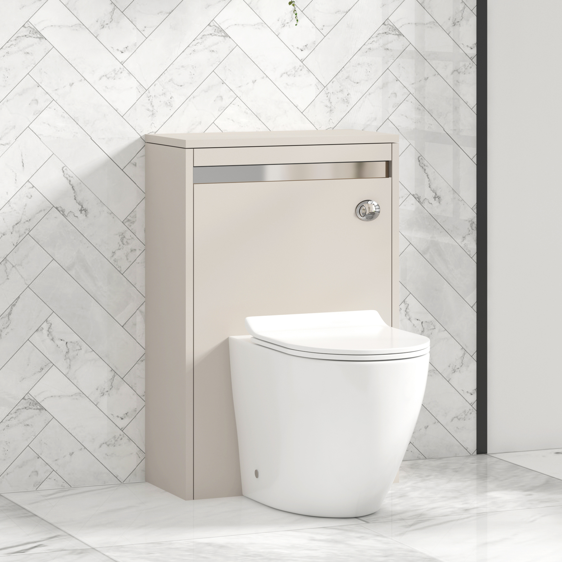 Orion 500mm Beige BTW WC Unit with Elva Rimless Toilet Pan & Slim Seat, Cistern | Chrome Strip