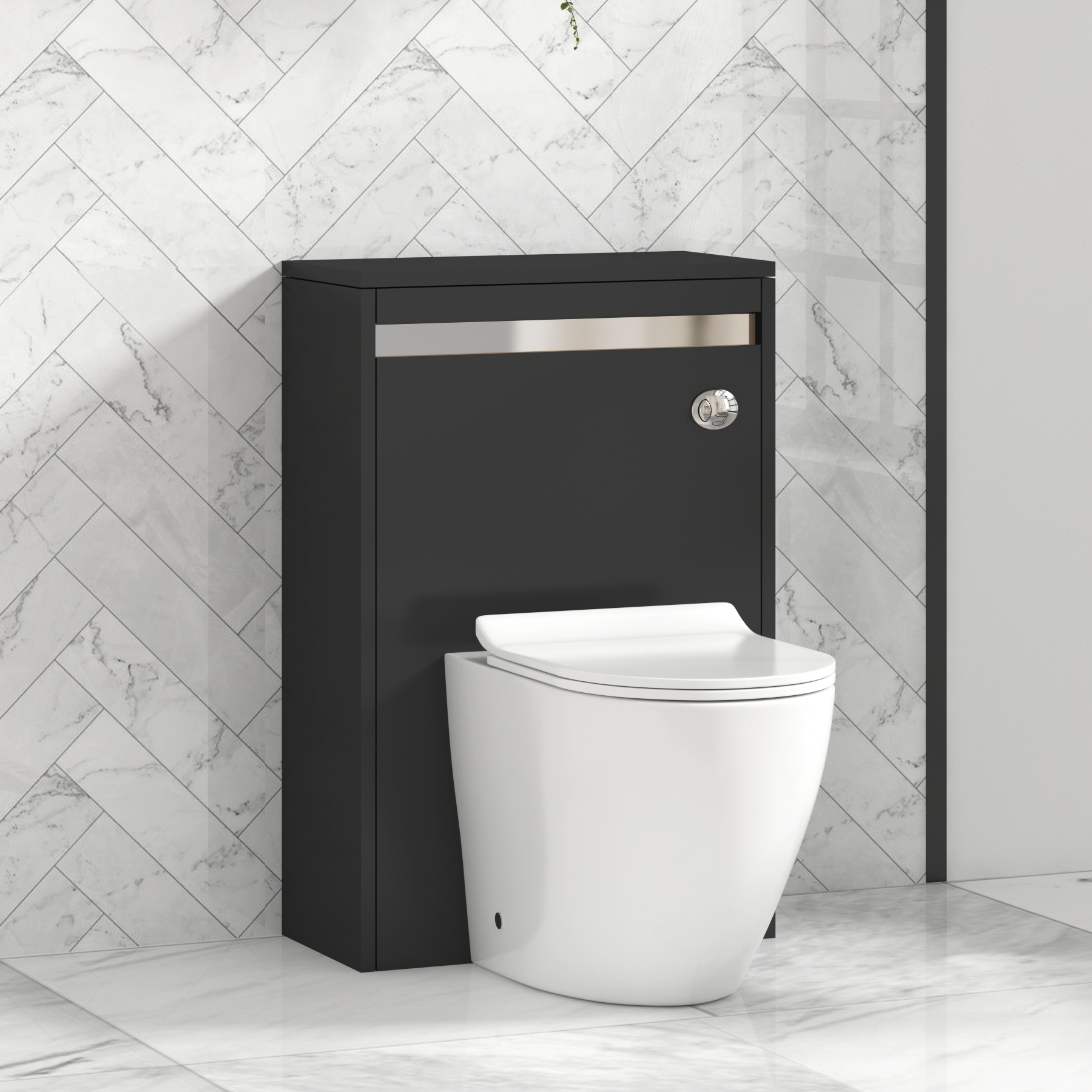Orion 500mm Jet Black BTW WC Unit with Elva Rimless Toilet Pan & Slim Seat, Cistern | Chrome Strip
