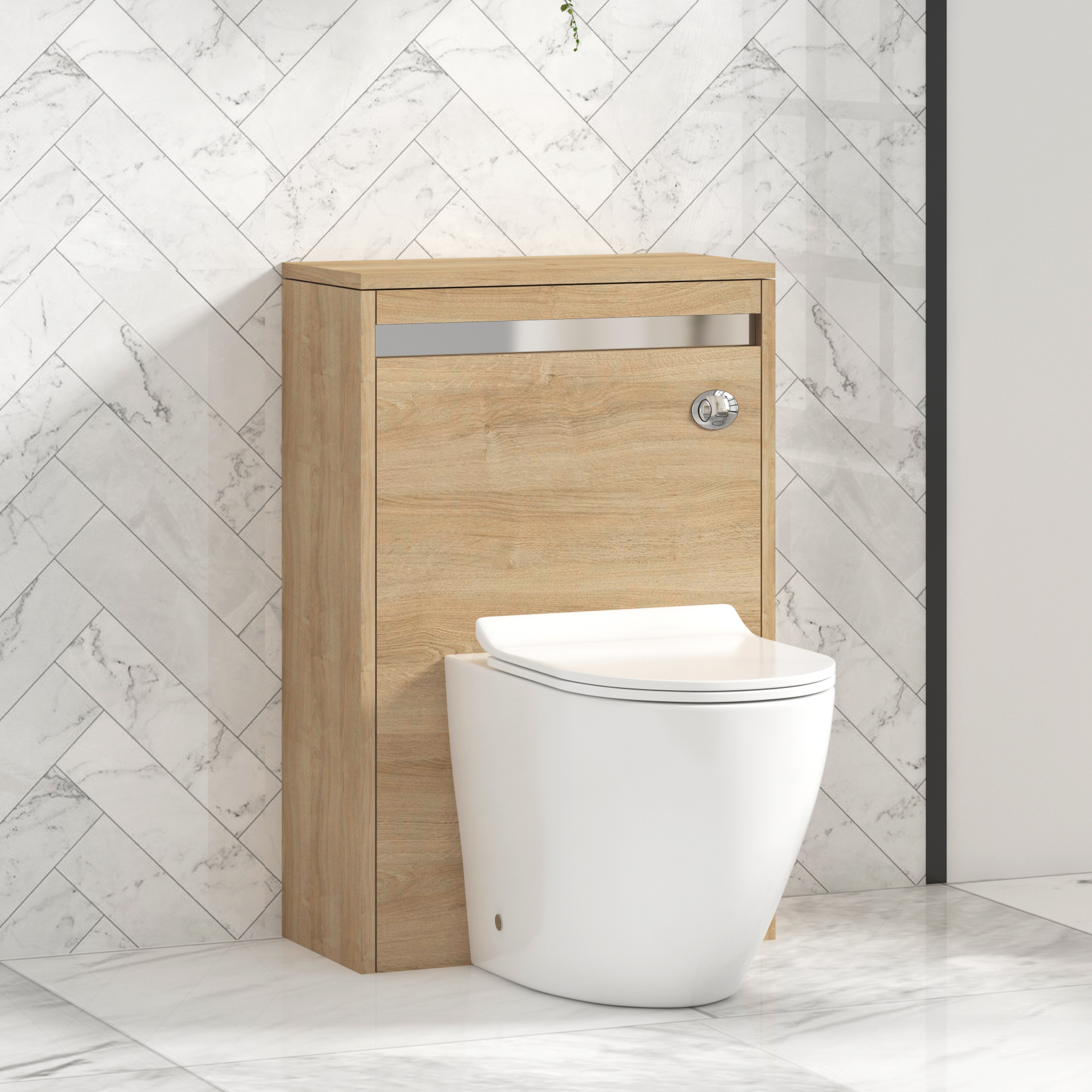 Orion 500mm Oak BTW WC Unit with Elva Rimless Toilet Pan & Slim Seat, Cistern | Chrome Strip