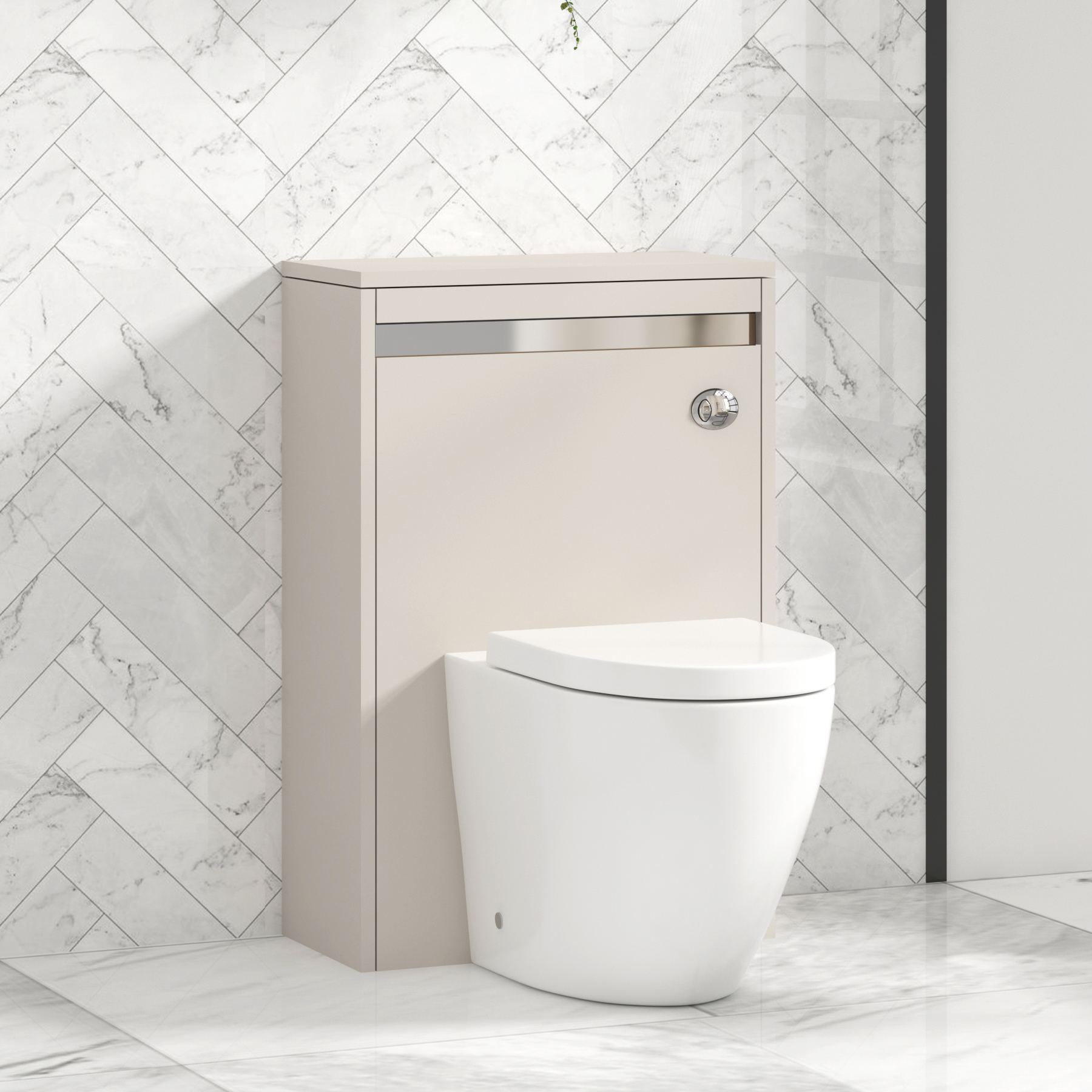 Orion 500mm Beige BTW WC Unit with Elva Rimless Toilet Pan & Seat, Cistern | Chrome Strip