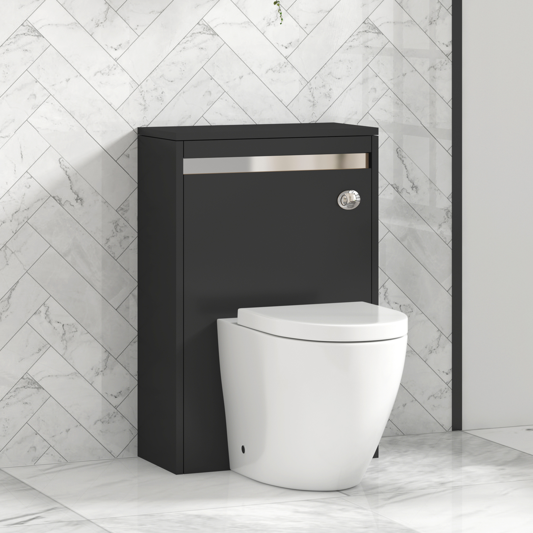 Orion 500mm Jet Black BTW WC Unit with Elva Rimless Toilet Pan & Seat, Cistern | Chrome Strip