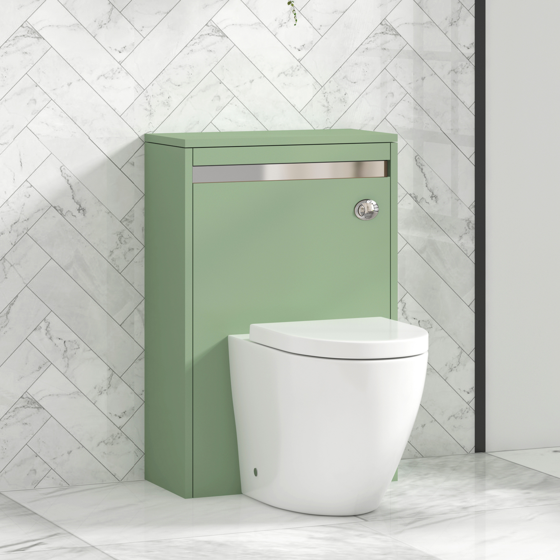 Orion 500mm Mint Green BTW WC Unit with Elva Rimless Toilet Pan & Seat, Cistern | Chrome Strip