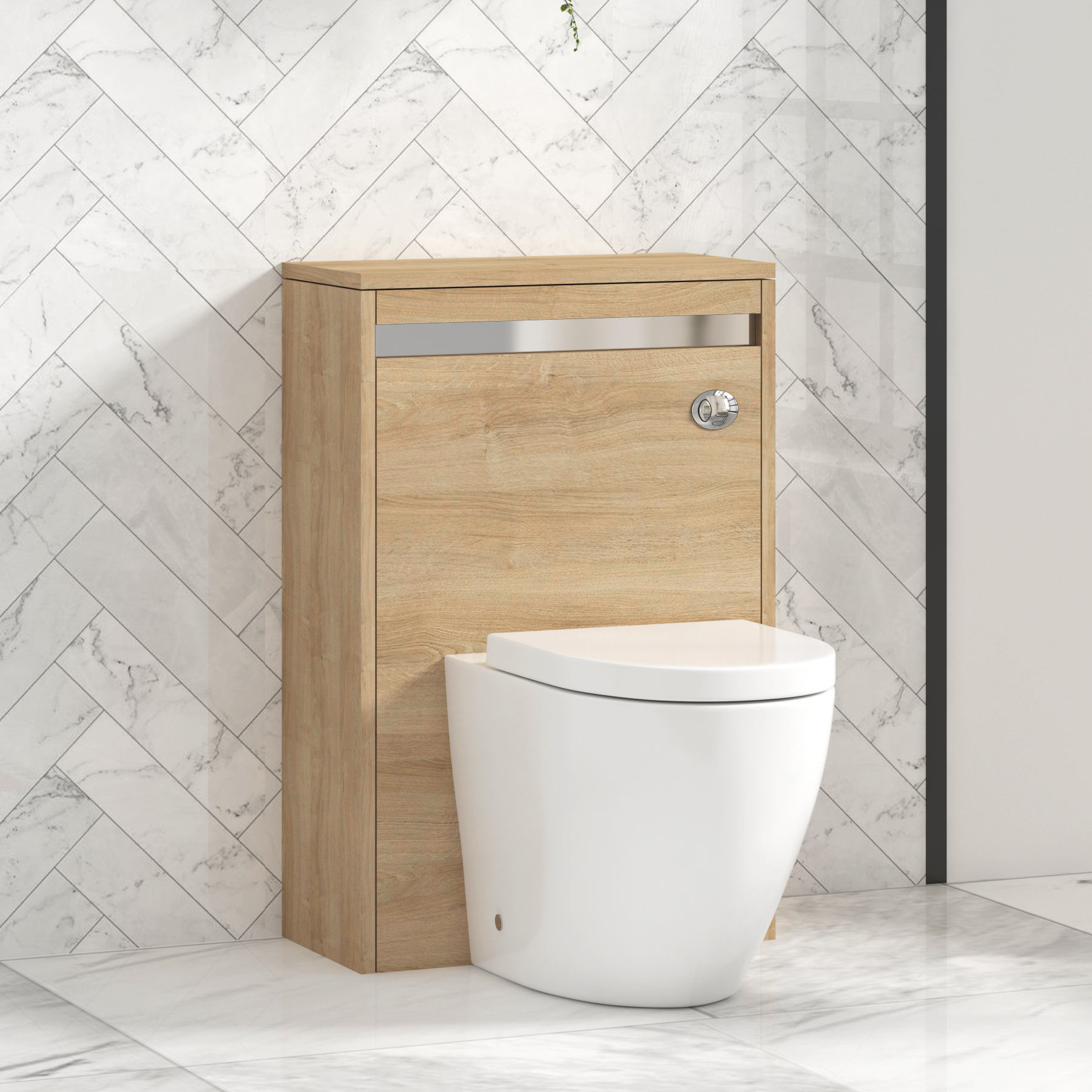 Orion 500mm Oak BTW WC Unit with Elva Rimless Toilet Pan & Seat, Cistern | Chrome Strip
