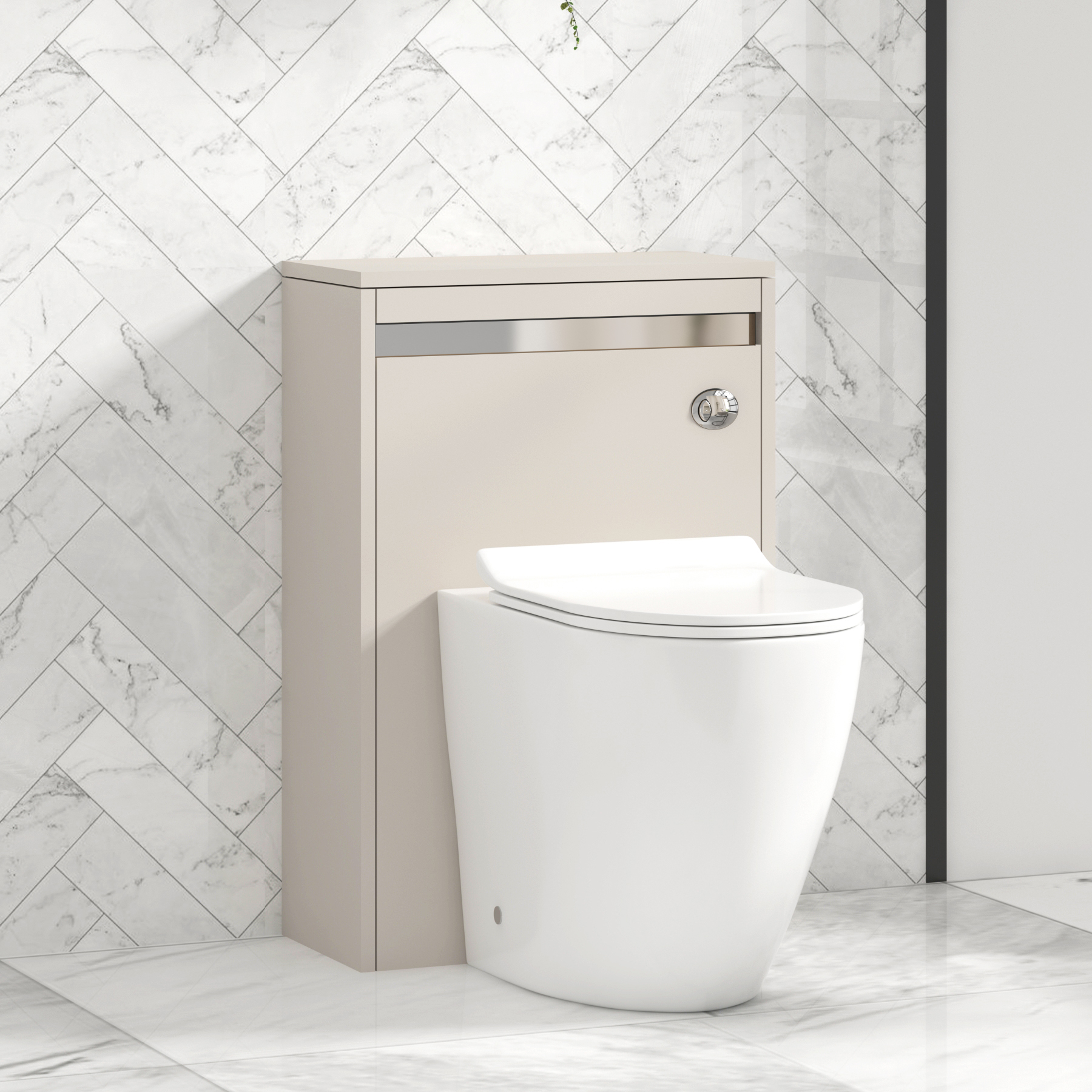 Orion 500mm Beige BTW WC Unit with Elva Rimless Short Projection Toilet Pan & Slim Seat, Cistern | Chrome Strip