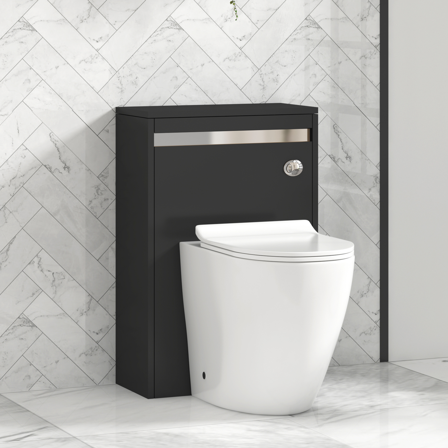 Orion 500mm Jet Black BTW WC Unit with Elva Rimless Short Projection Toilet Pan & Slim Seat, Cistern | Chrome Strip