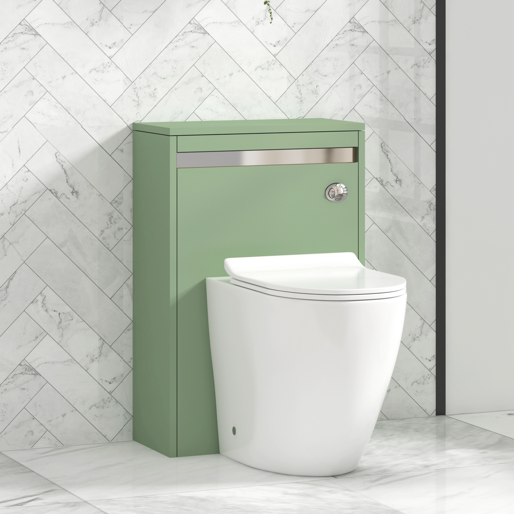 Orion 500mm Mint Green BTW WC Unit with Elva Rimless Short Projection Toilet Pan & Slim Seat, Cistern | Chrome Strip