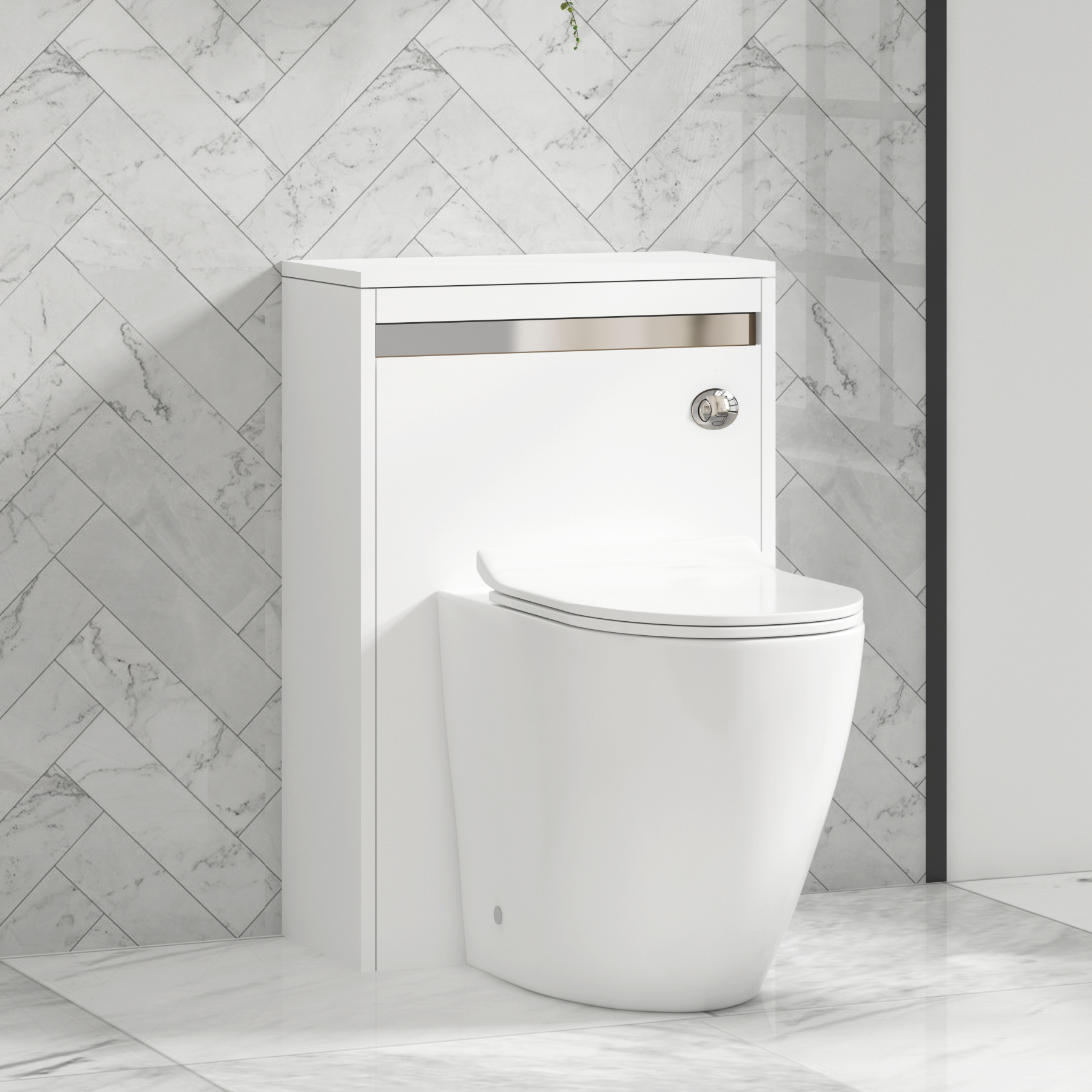 Orion 500mm Matte White BTW WC Unit with Elva Rimless Short Projection Toilet Pan & Slim Seat, Cistern | Chrome Strip