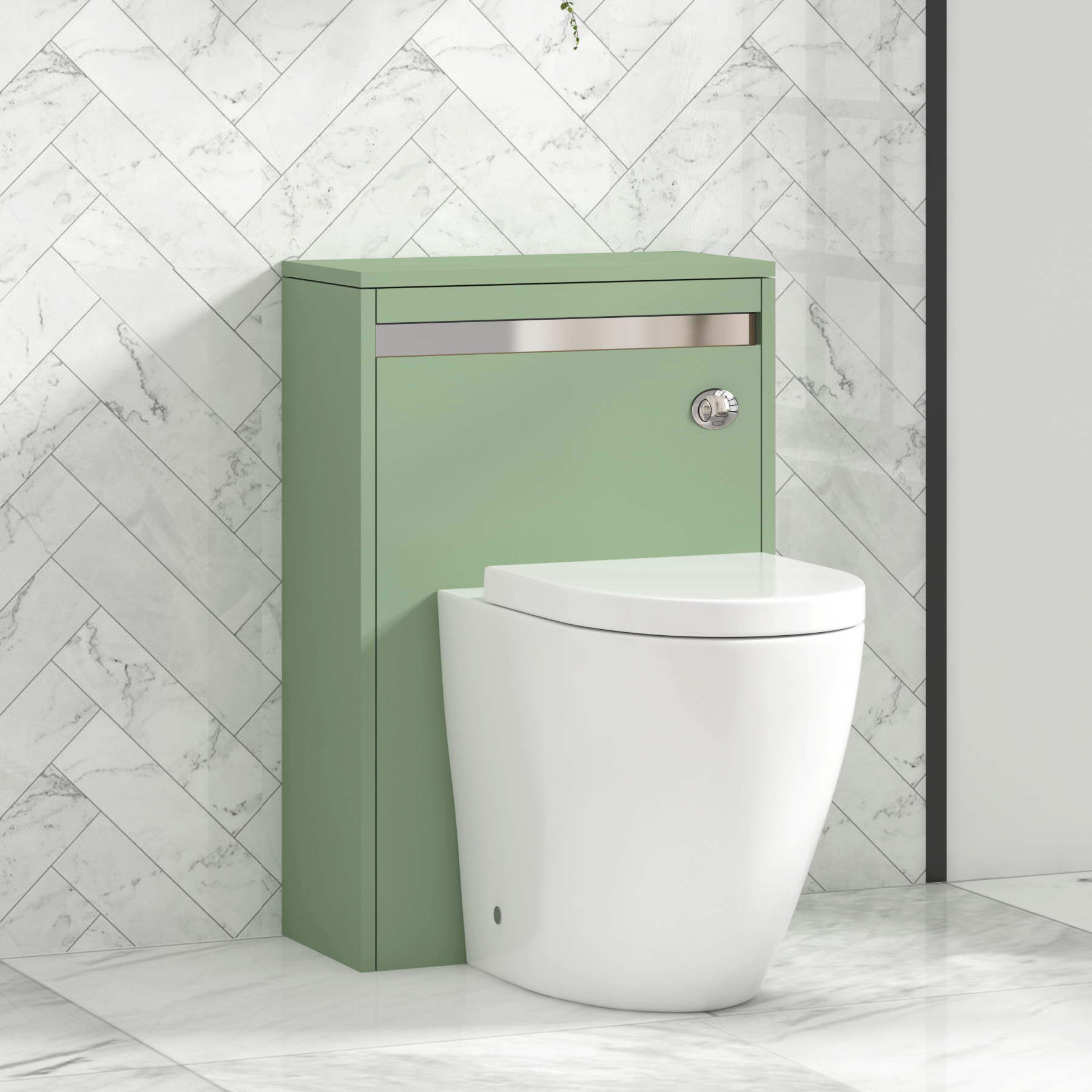 Orion 500mm Mint Green BTW WC Unit with Elva Rimless Short Projection Toilet Pan & Seat, Cistern | Chrome Strip