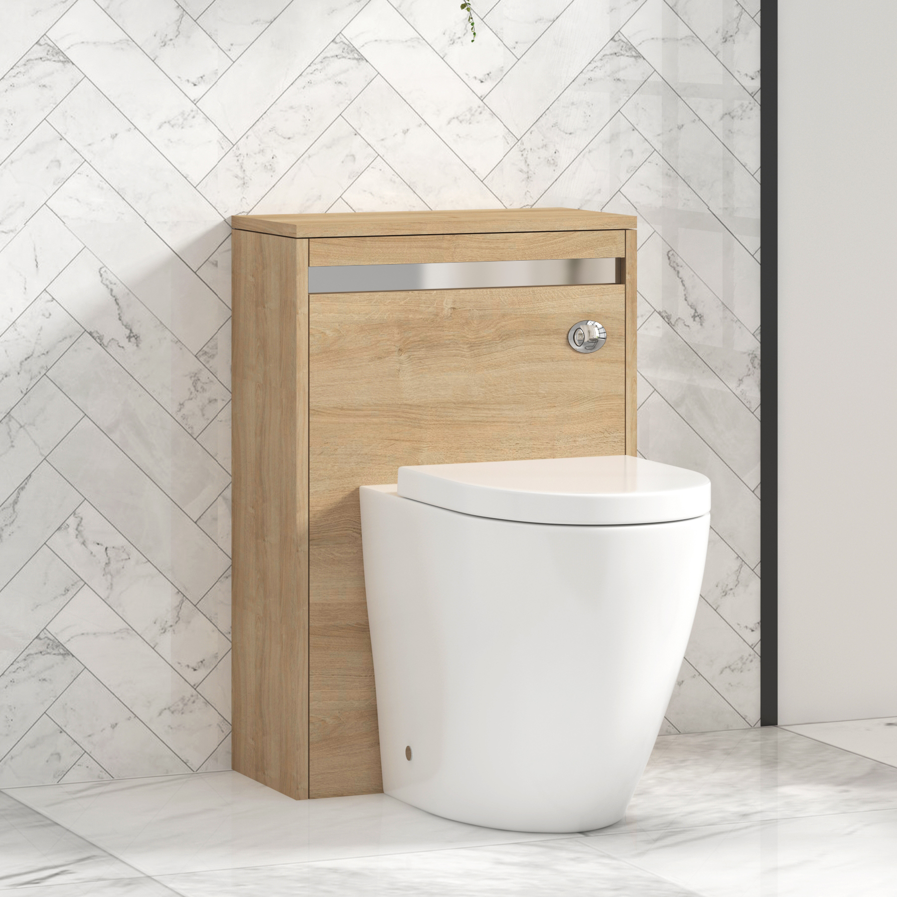 Orion 500mm Oak BTW WC Unit with Elva Rimless Short Projection Toilet Pan & Seat, Cistern | Chrome Strip