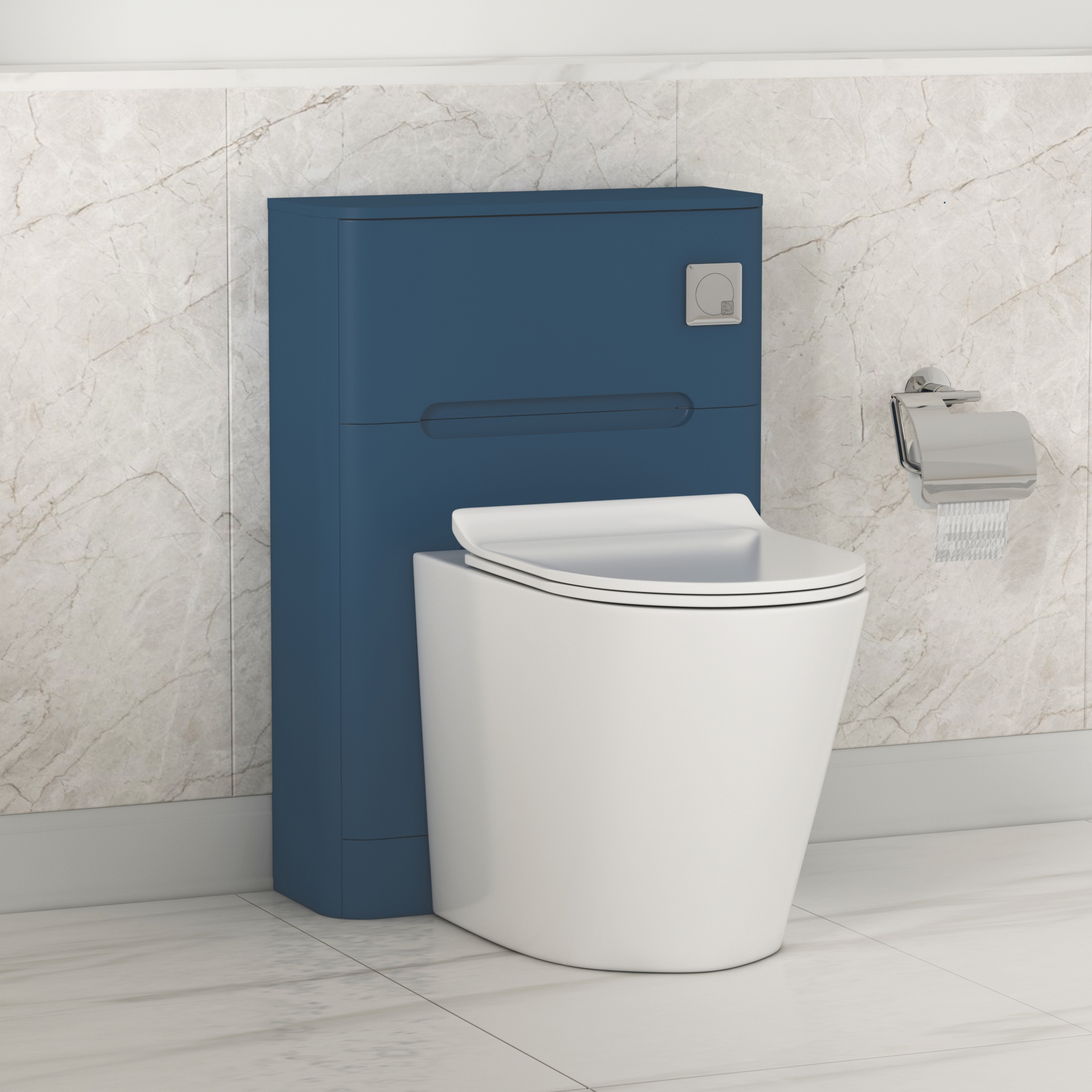 Venice 550mm Satin Blue BTW WC Unit with Cesar Rimless Toilet Pan & Slim Seat, Cistern