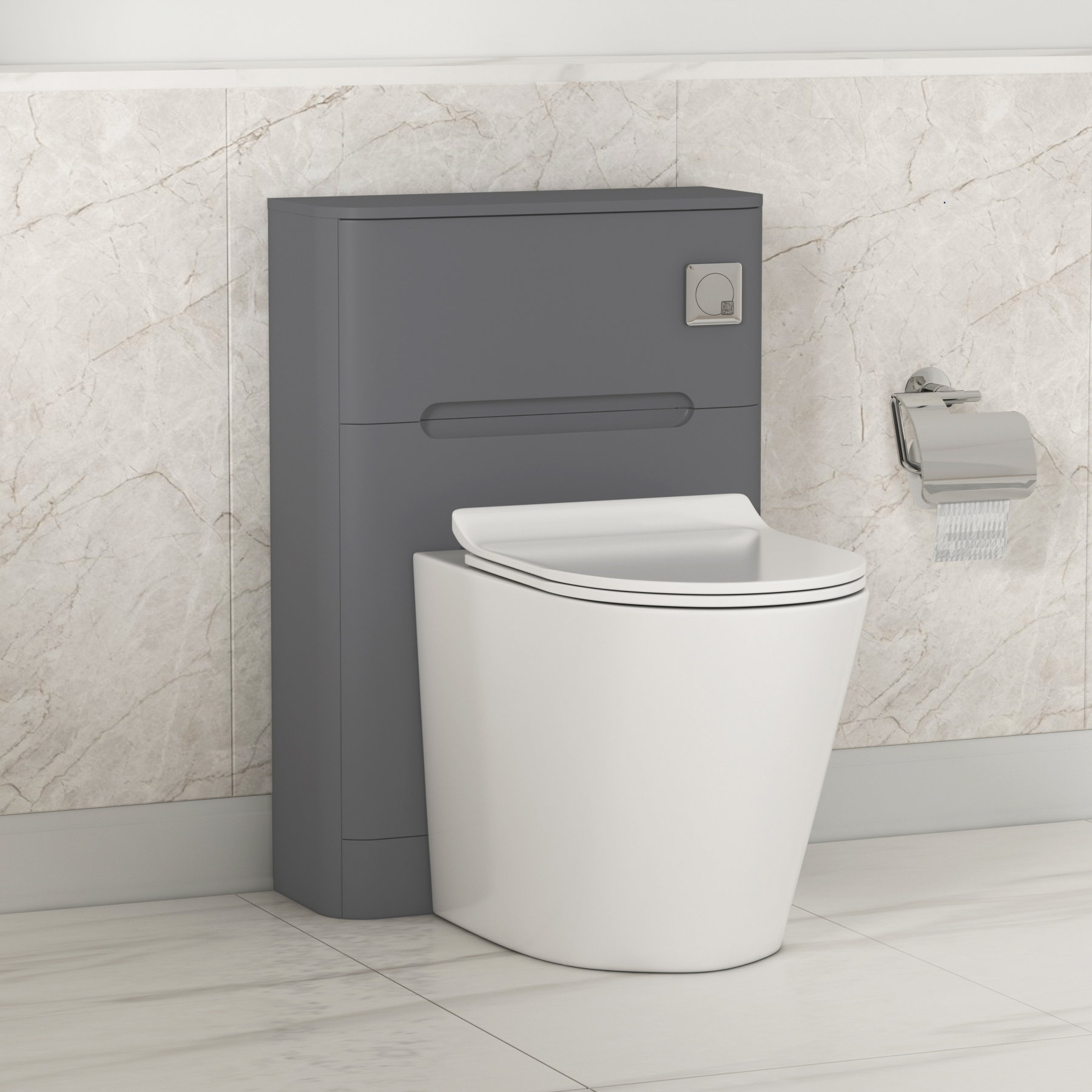 Venice 550mm Satin Grey BTW WC Unit with Cesar Rimless Toilet Pan & Slim Seat, Cistern