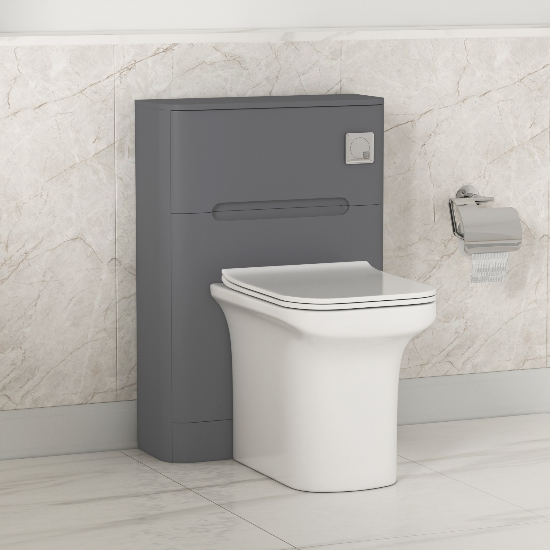 Venice 550mm Satin Grey BTW WC Unit with Crosby Rimless Toilet Pan & Seat, Cistern