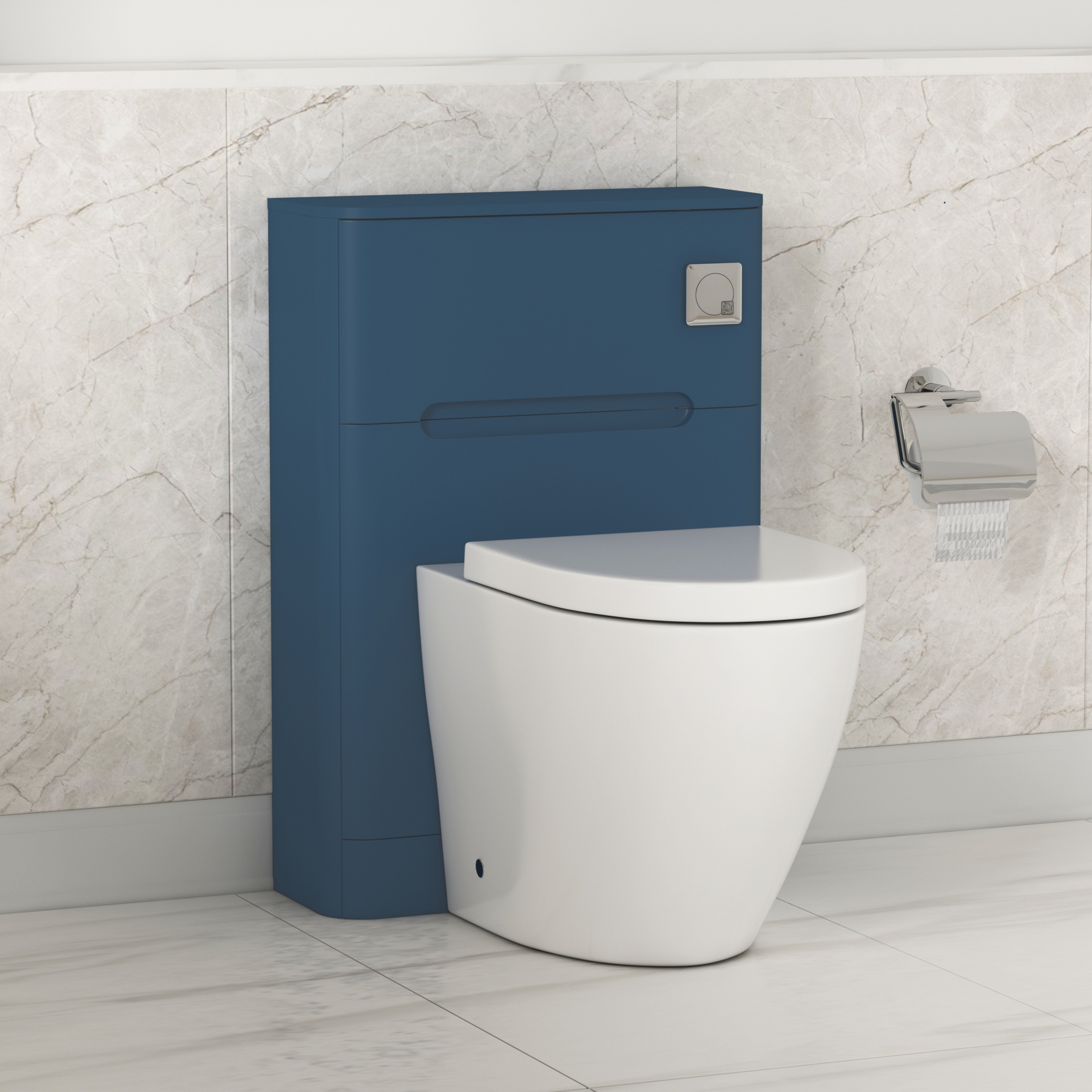 Venice 550mm Satin Blue BTW WC Unit with Abacus Rimless Toilet Pan & Seat, Cistern