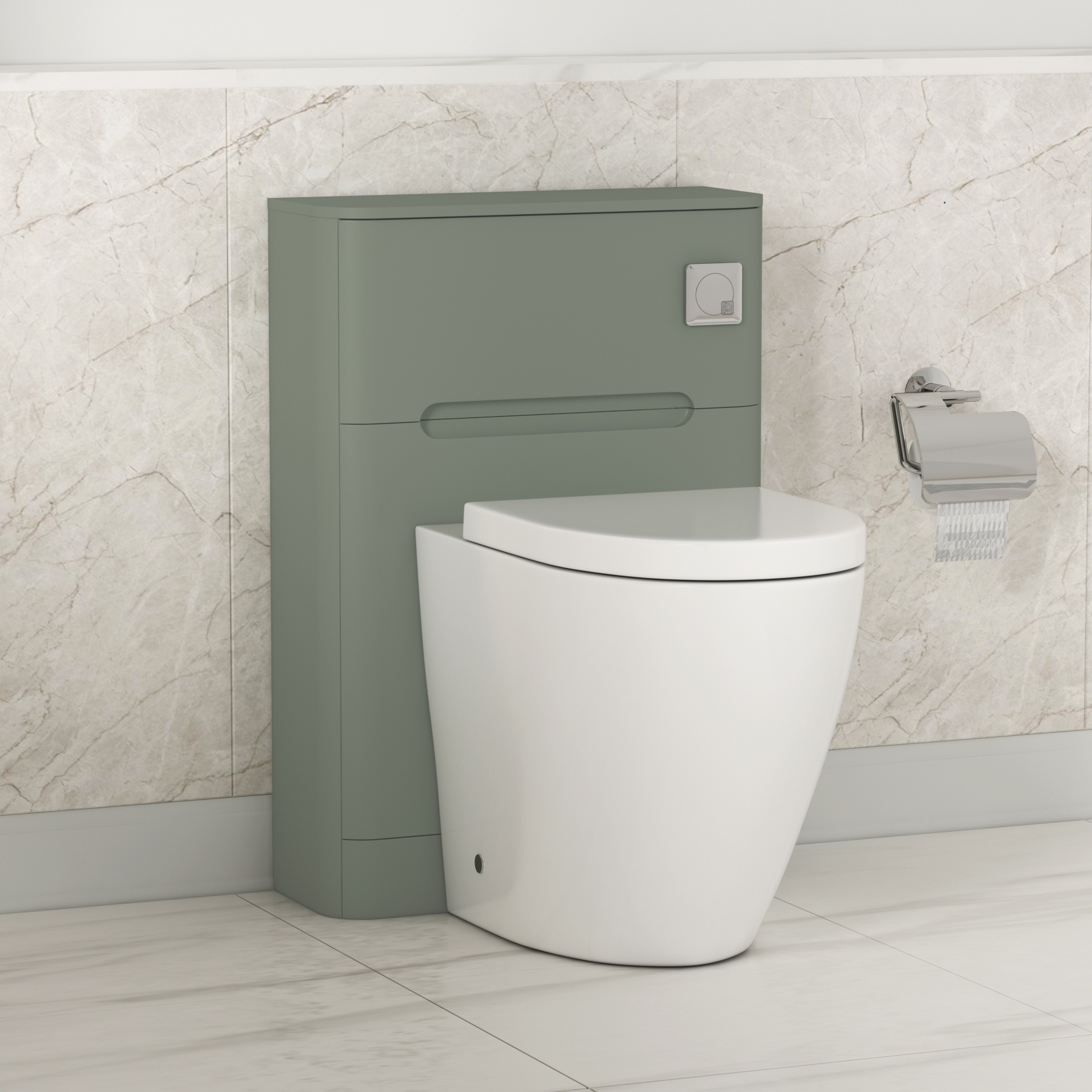 Venice 550mm Satin Green BTW WC Unit with Abacus Rimless Short Projection Toilet Pan & Seat, Cistern