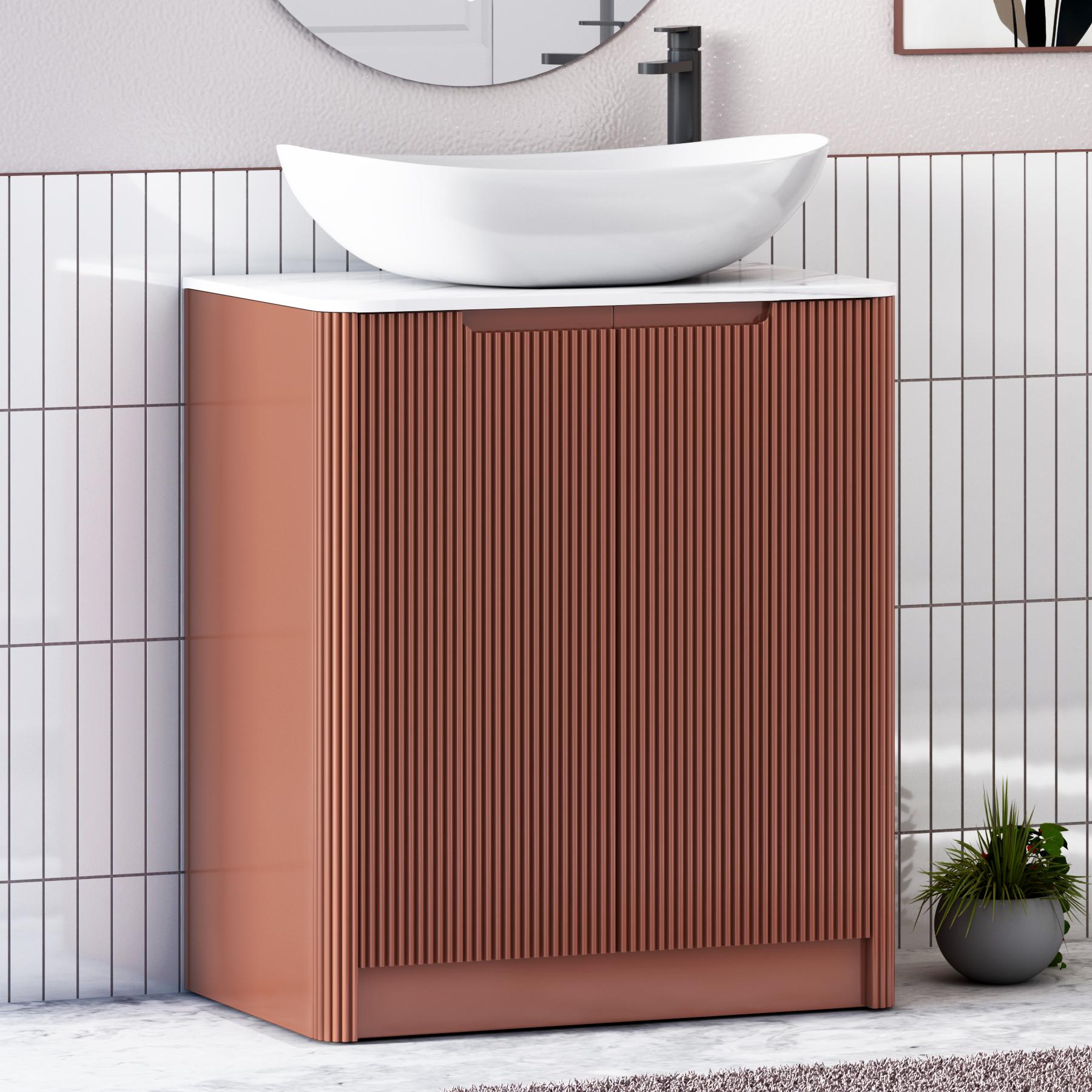 Avenza Terracotta Clay 2 Door Floor Standing Vanity Unit with Carrara White Undrilled Worktop & Various Countertop Basins