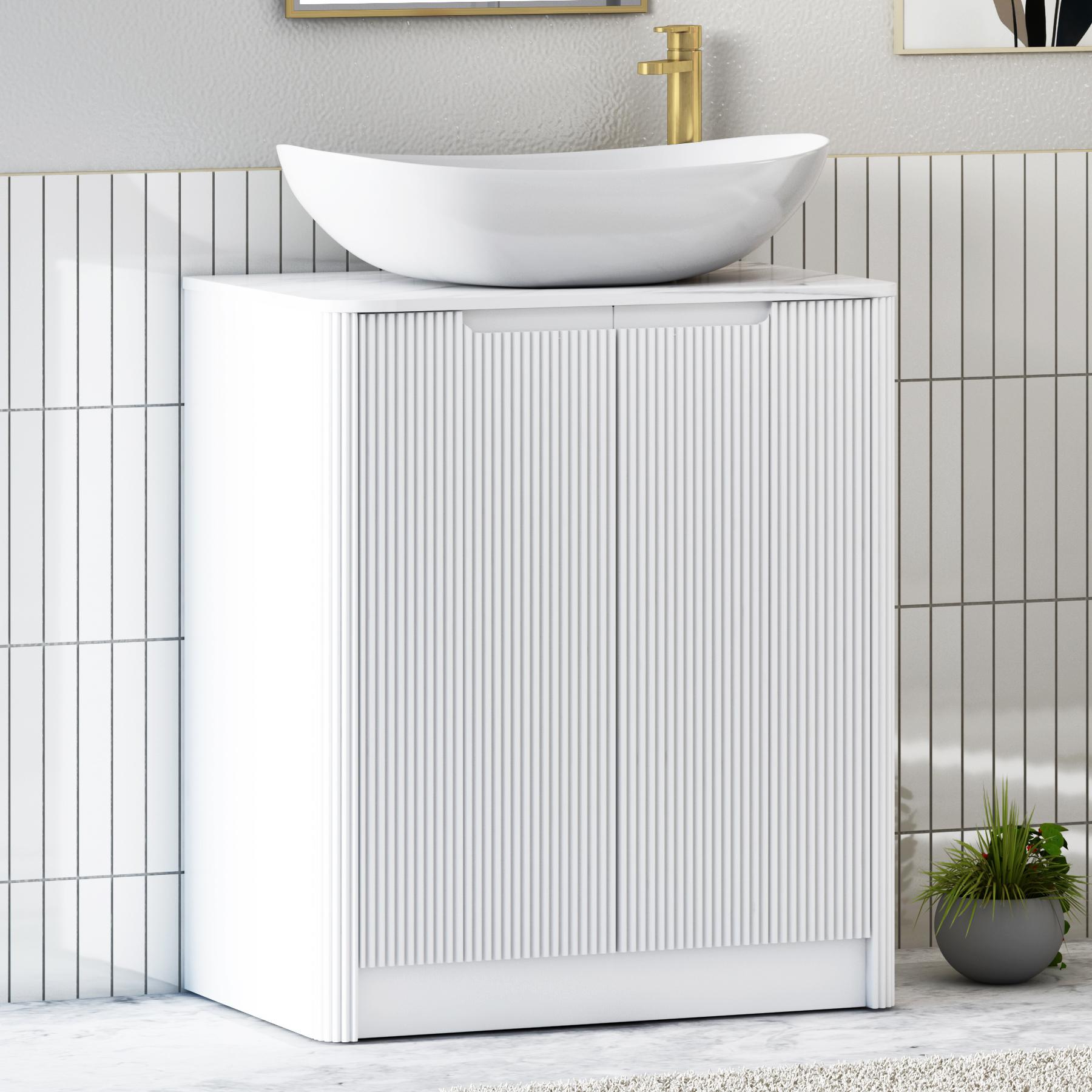 Avenza Matt White 2 Door Floor Standing Vanity Unit with Carrara White Undrilled Worktop & Various Countertop Basins