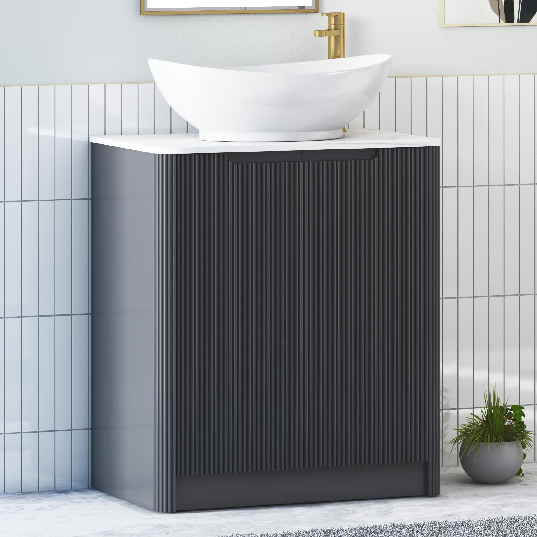 Avenza Matt Obsidian Black 2 Door Floor Standing Vanity Unit with Carrara White Undrilled Worktop & Various Countertop Basins