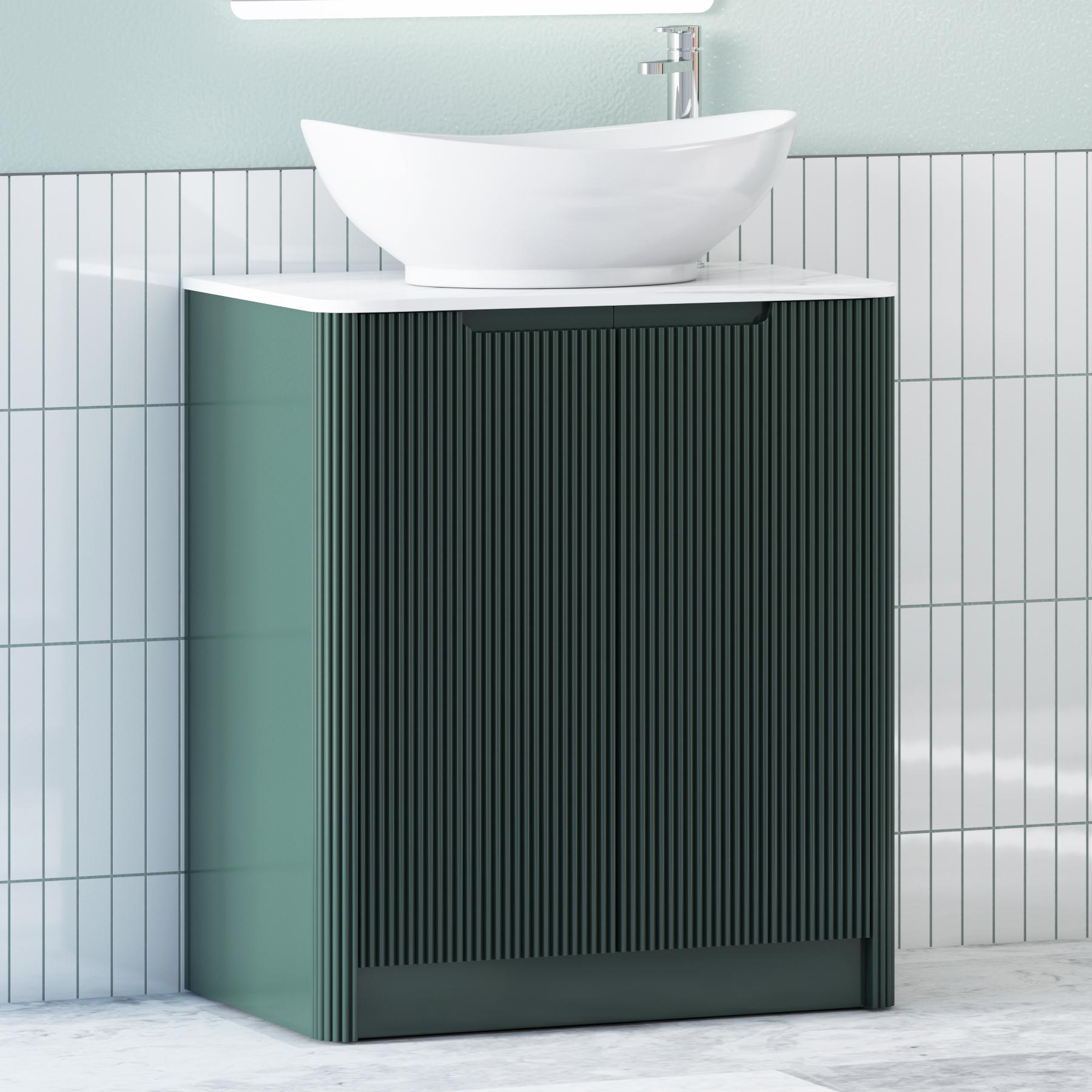 Avenza Deep Moss Green 2 Door Floor Standing Vanity Unit with Carrara White Undrilled Worktop & Various Countertop Basins