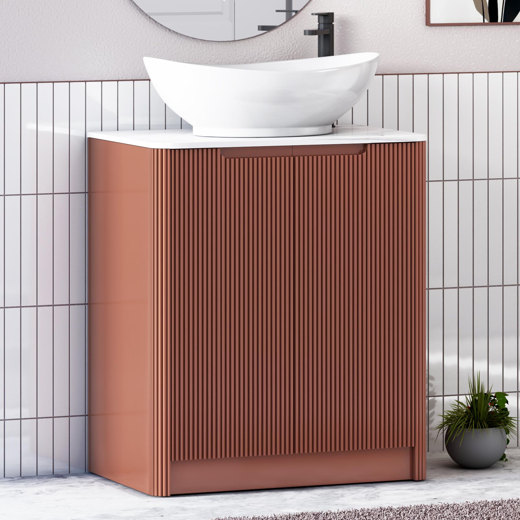 Avenza Terracotta Clay 2 Door Floor Standing Vanity Unit with Carrara White Undrilled Worktop & Various Countertop Basins
