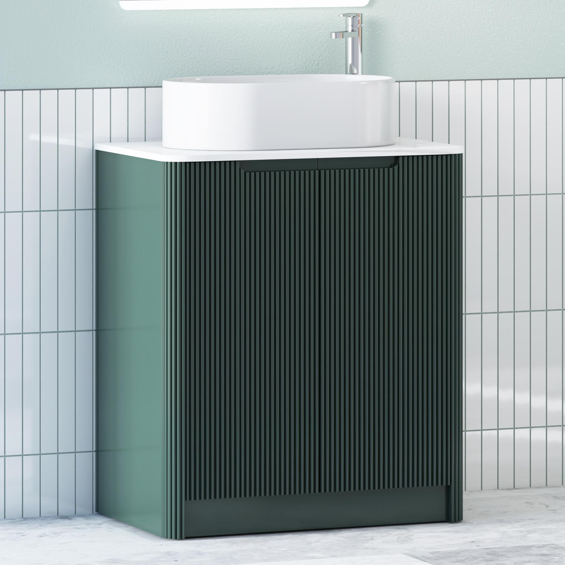 Avenza Deep Moss Green 2 Door Floor Standing Vanity Unit with Carrara White Undrilled Worktop & Various Countertop Basins