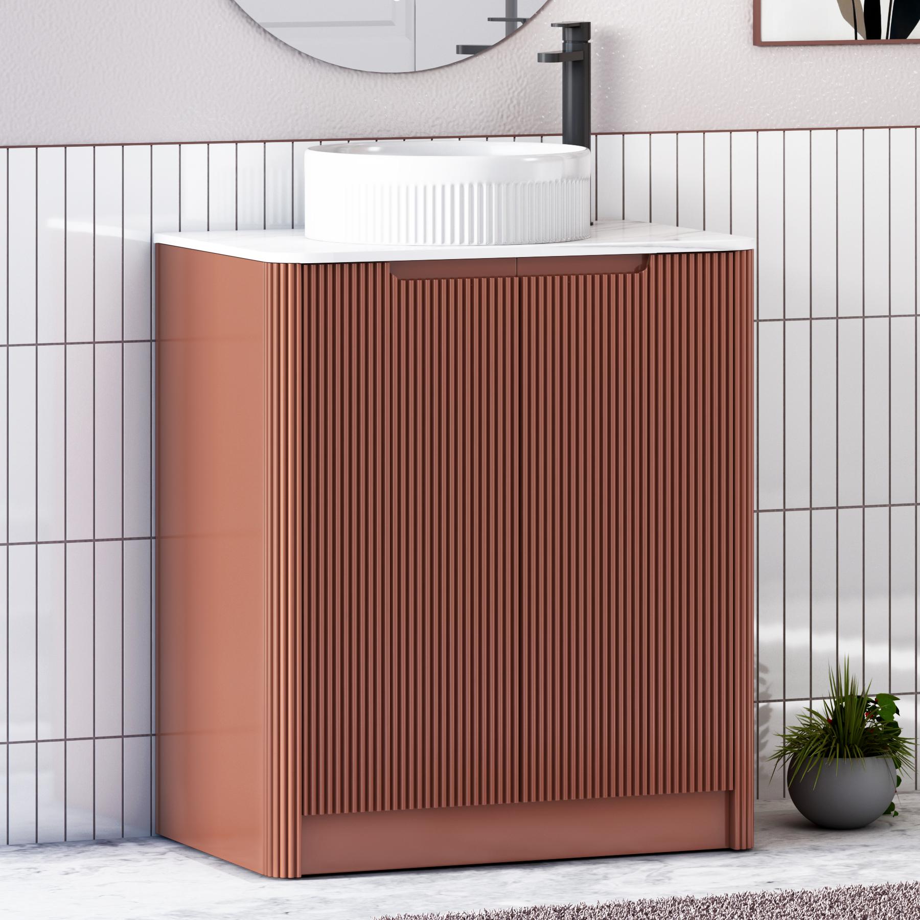 Avenza Terracotta Clay 2 Door Floor Standing Vanity Unit with Carrara White Undrilled Worktop & Various Countertop Basins