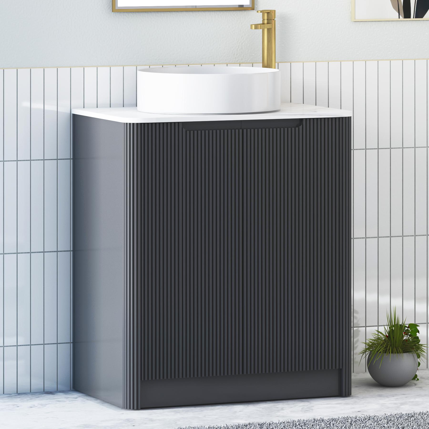 Avenza Matt Obsidian Black 2 Door Floor Standing Vanity Unit with Carrara White Undrilled Worktop & Various Countertop Basins