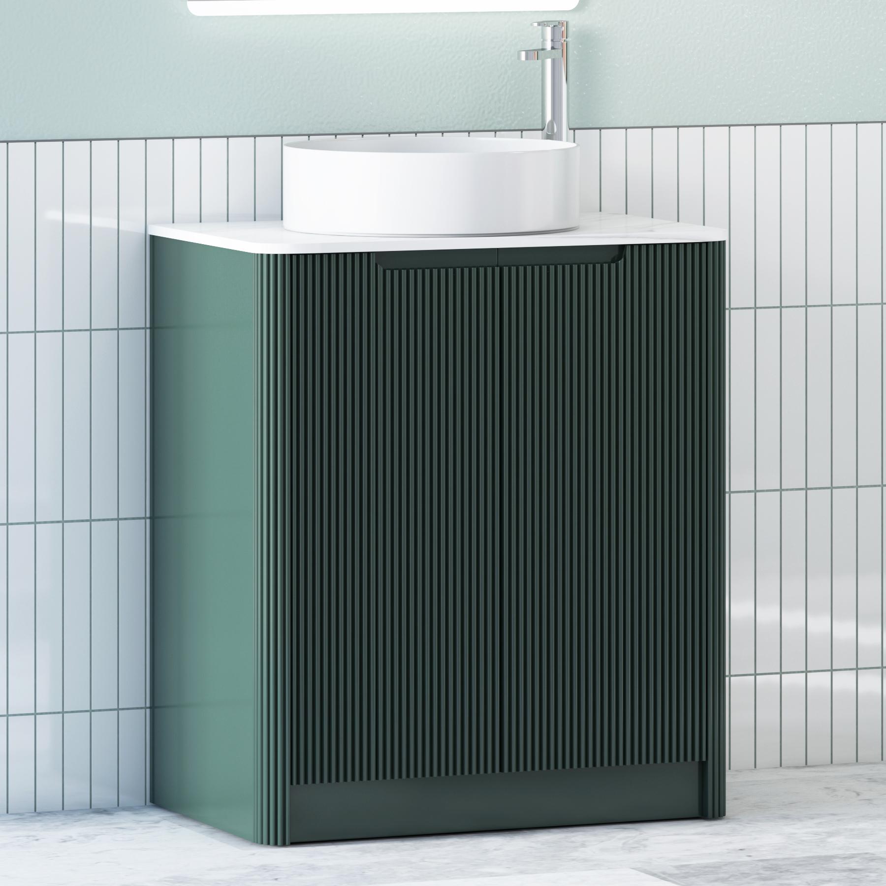 Avenza Deep Moss Green 2 Door Floor Standing Vanity Unit with Carrara White Undrilled Worktop & Various Countertop Basins