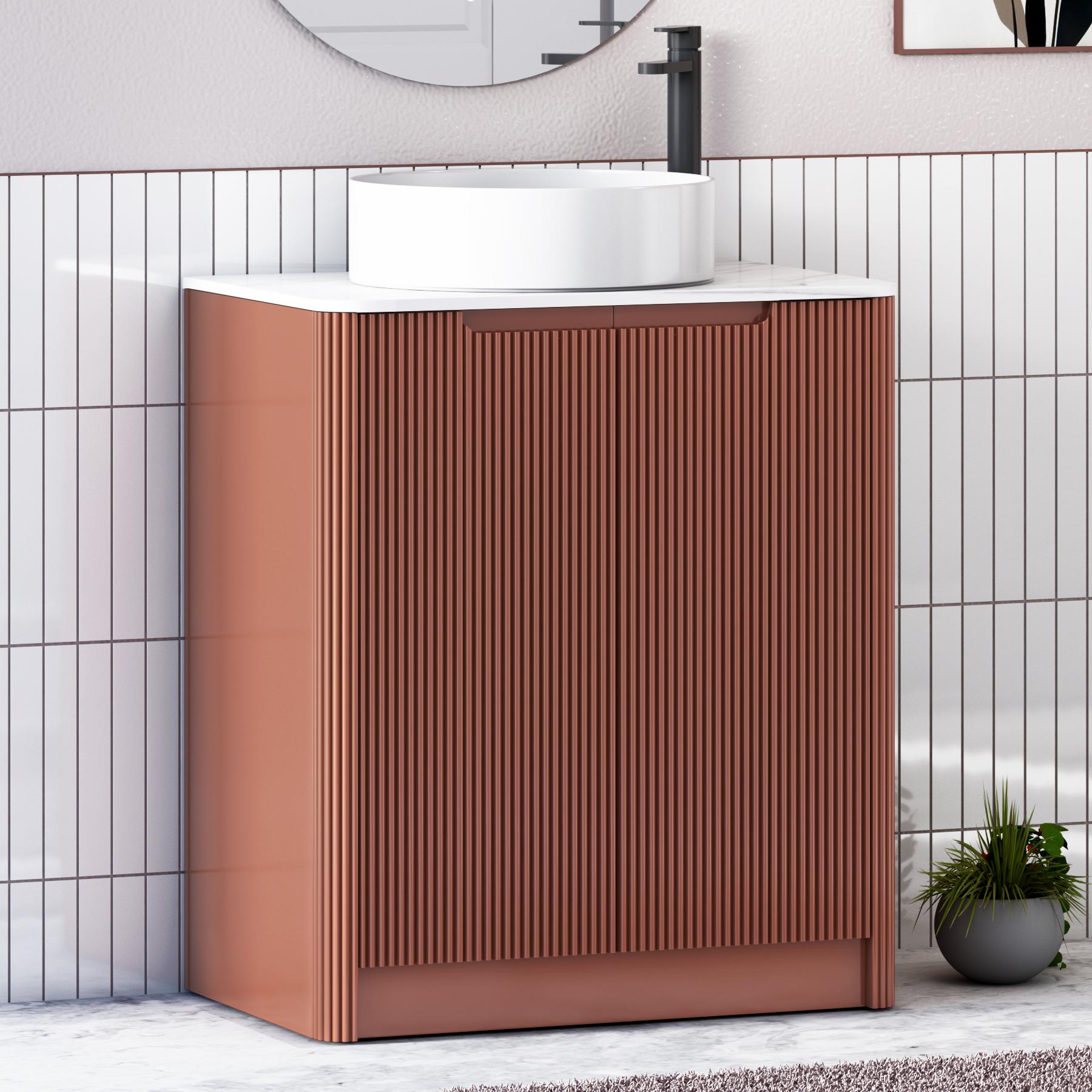 Avenza Terracotta Clay 2 Door Floor Standing Vanity Unit with Carrara White Undrilled Worktop & Various Countertop Basins