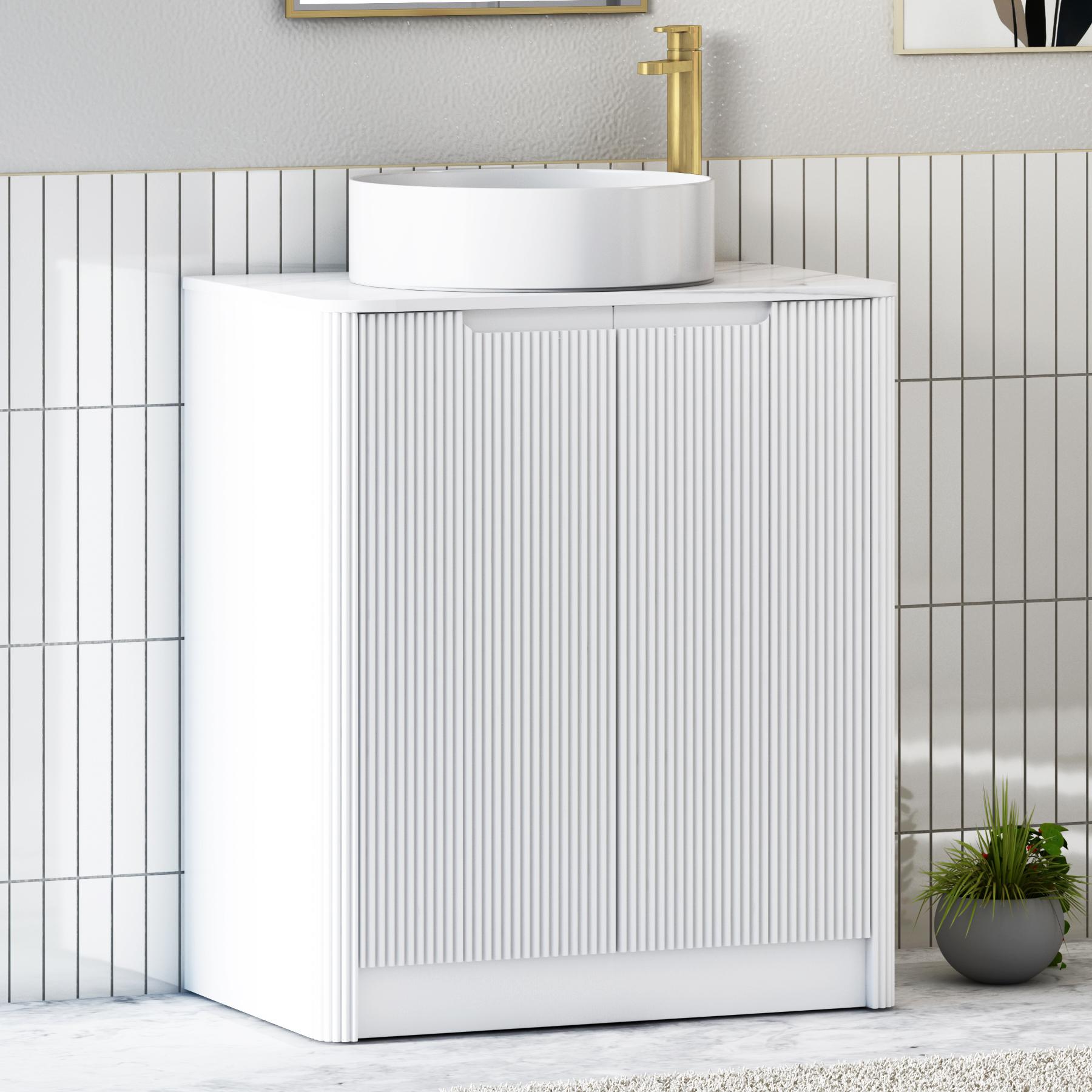 Avenza Matt White 2 Door Floor Standing Vanity Unit with Carrara White Undrilled Worktop & Various Countertop Basins