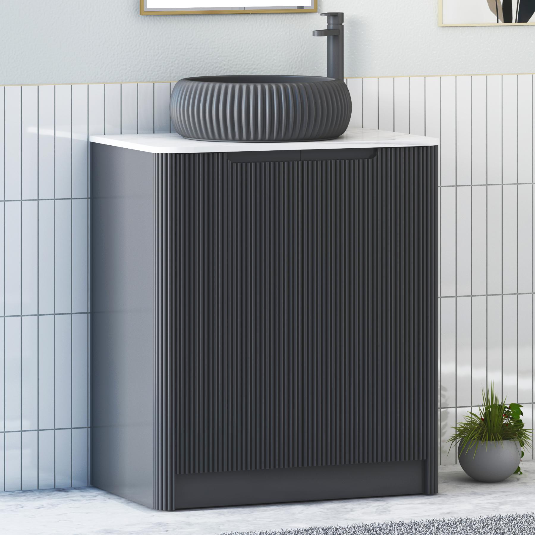 Avenza Matt Obsidian Black 2 Door Floor Standing Vanity Unit with Carrara White Undrilled Worktop & Various Countertop Basins