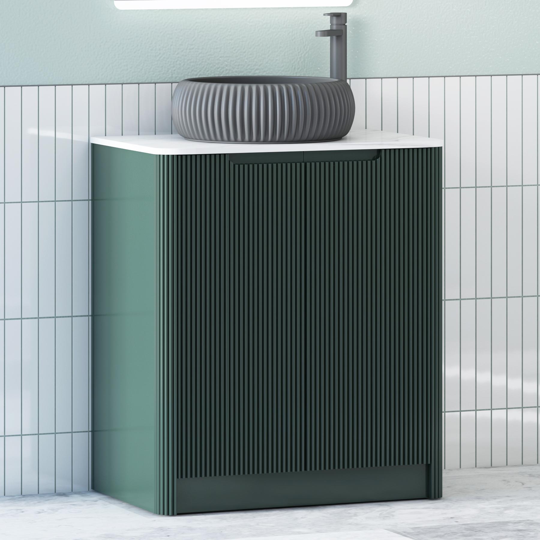 Avenza Deep Moss Green 2 Door Floor Standing Vanity Unit with Carrara White Undrilled Worktop & Various Countertop Basins
