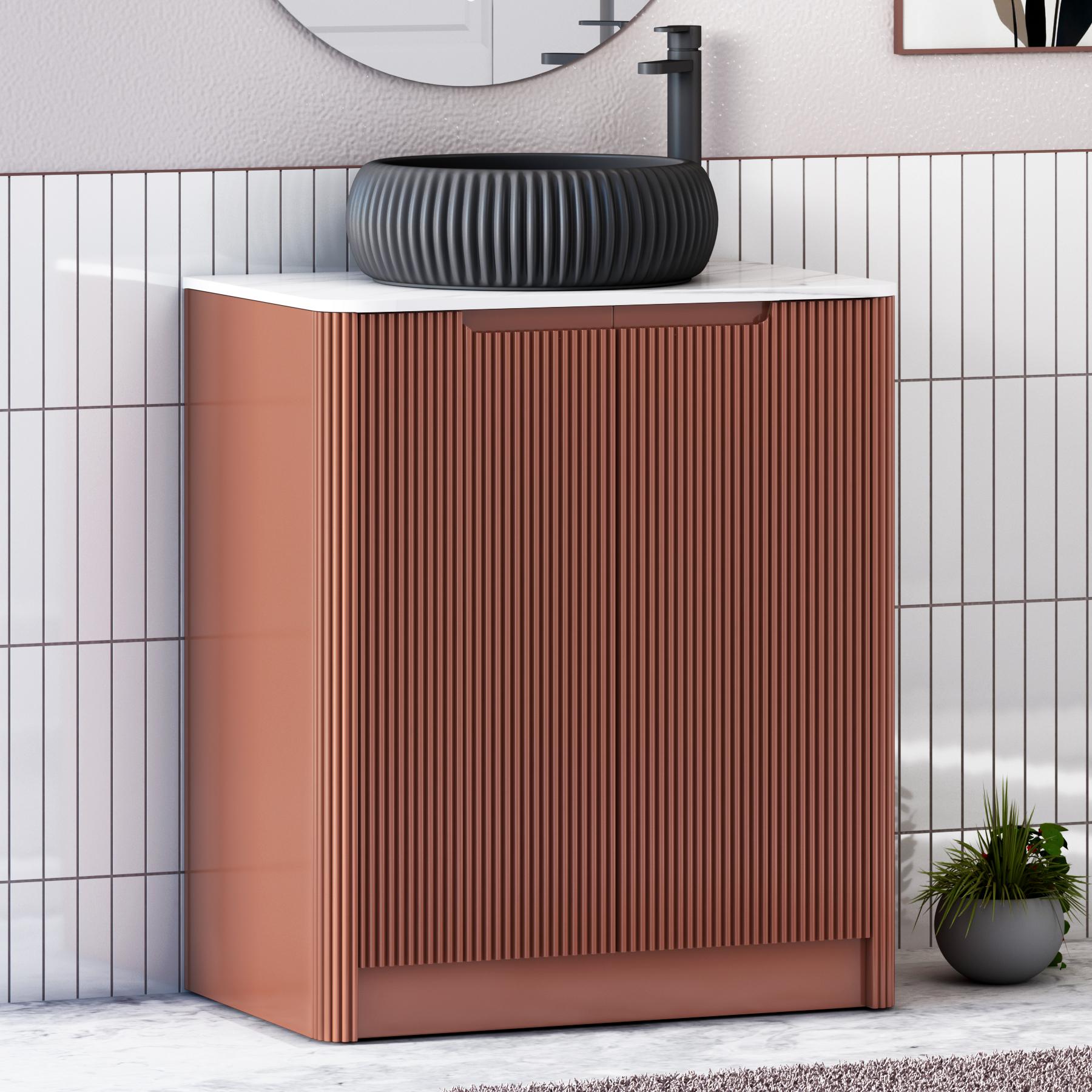 Avenza Terracotta Clay 2 Door Floor Standing Vanity Unit with Carrara White Undrilled Worktop & Various Countertop Basins
