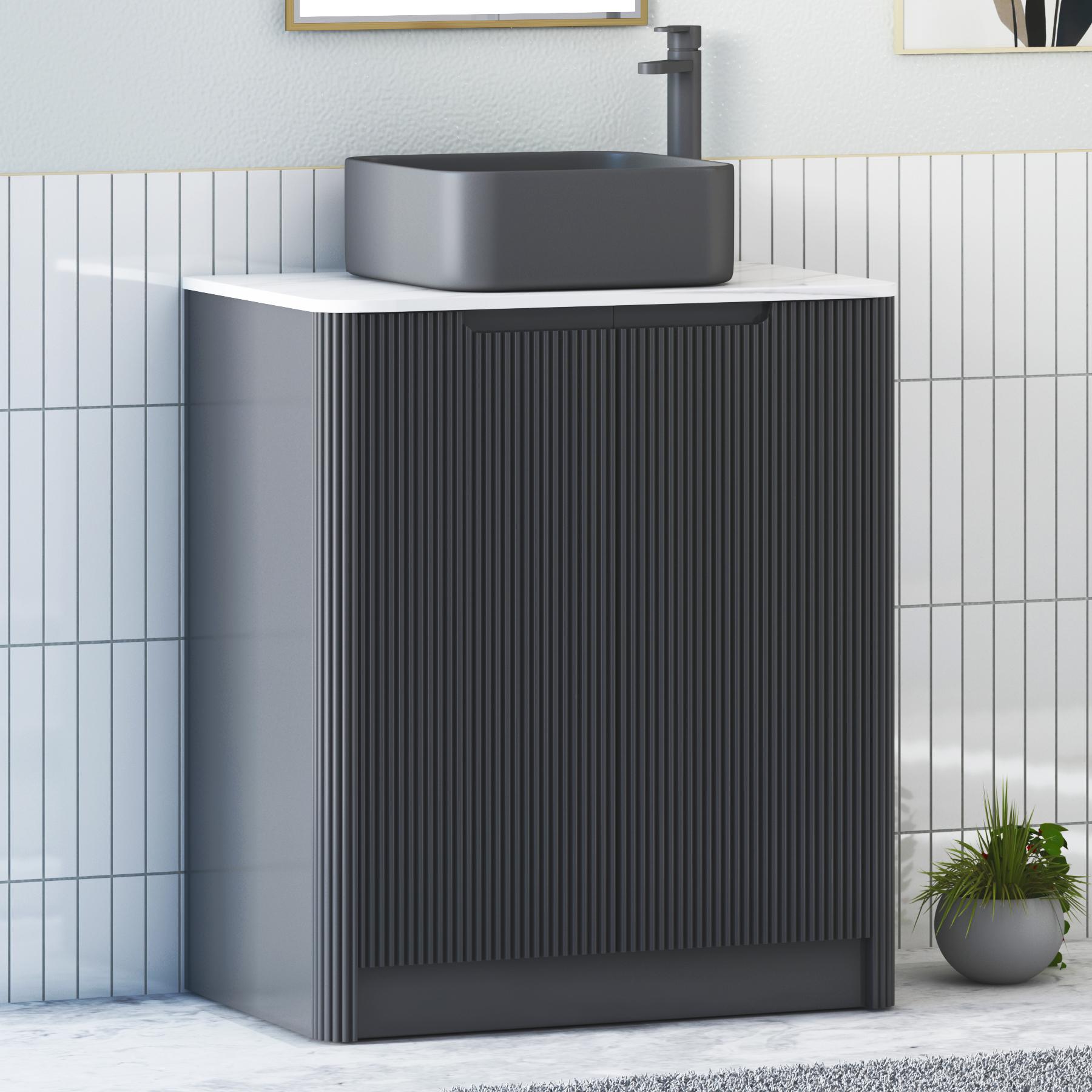 Avenza Matt Obsidian Black 2 Door Floor Standing Vanity Unit with Carrara White Undrilled Worktop & Various Countertop Basins