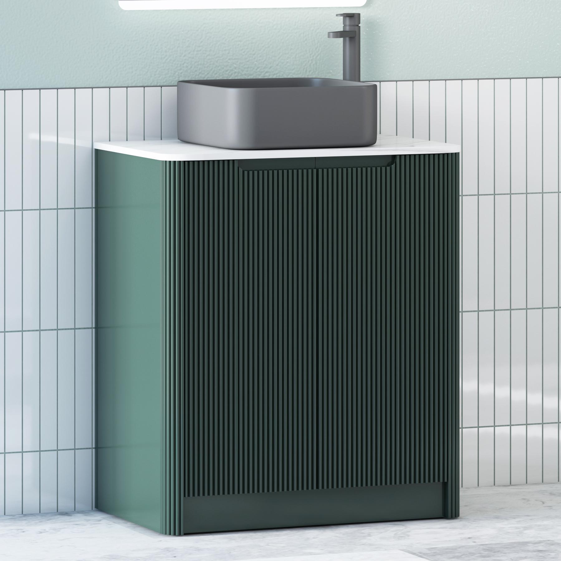 Avenza Deep Moss Green 2 Door Floor Standing Vanity Unit with Carrara White Undrilled Worktop & Various Countertop Basins
